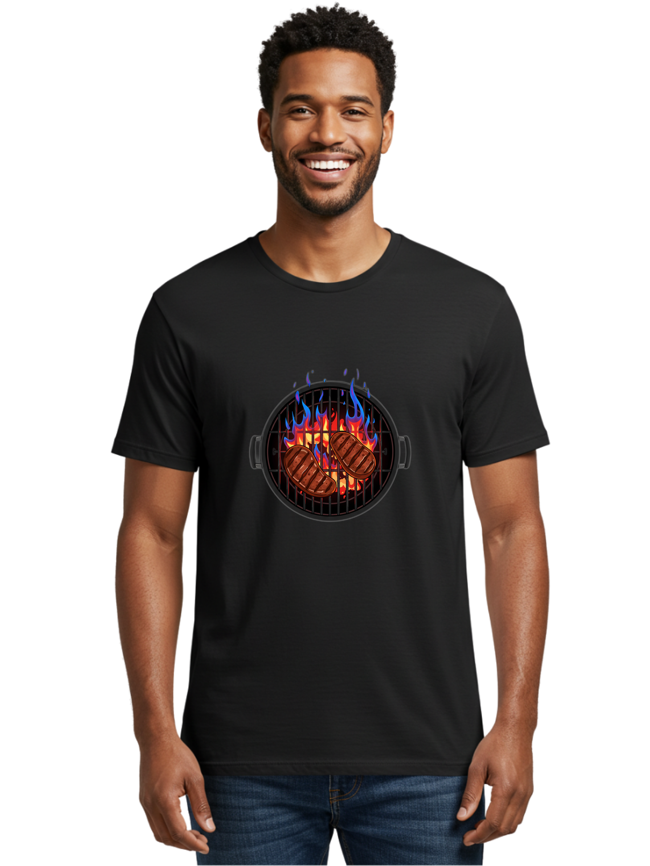Grilled-Burgers Men'S Graphic Tee, 100% Cotton, Comfortable Casual Summer Wear, Machine Washable, Grilled Steaks, Barbecue Grill, Cooking Meat, Grill Marks, Flames, Outdoor Cooking, Summer Food, Sizzling Meat, Grill Master Bac013