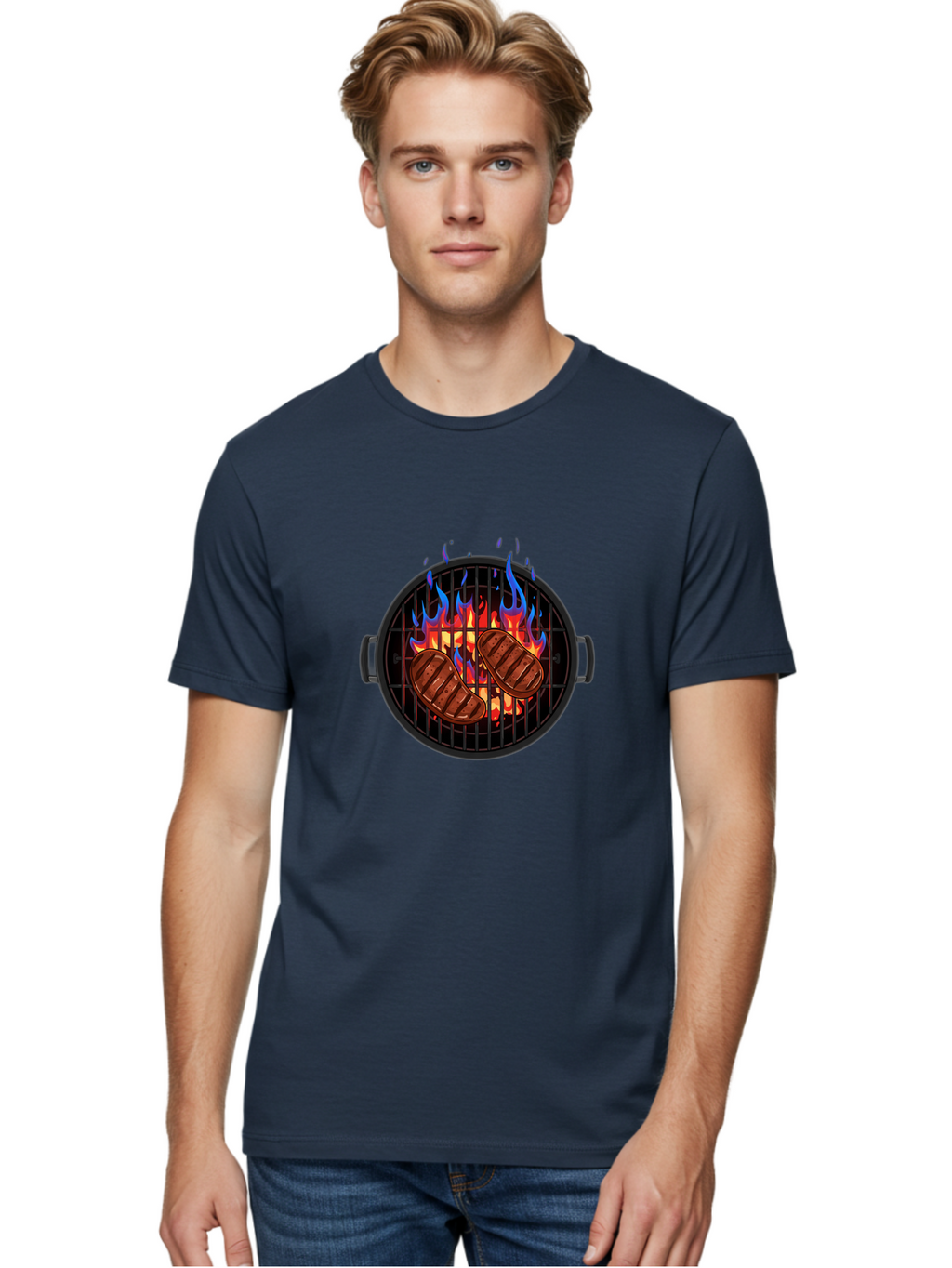 Grilled-Burgers Men'S Graphic Tee, 100% Cotton, Comfortable Casual Summer Wear, Machine Washable, Grilled Steaks, Barbecue Grill, Cooking Meat, Grill Marks, Flames, Outdoor Cooking, Summer Food, Sizzling Meat, Grill Master Bac013