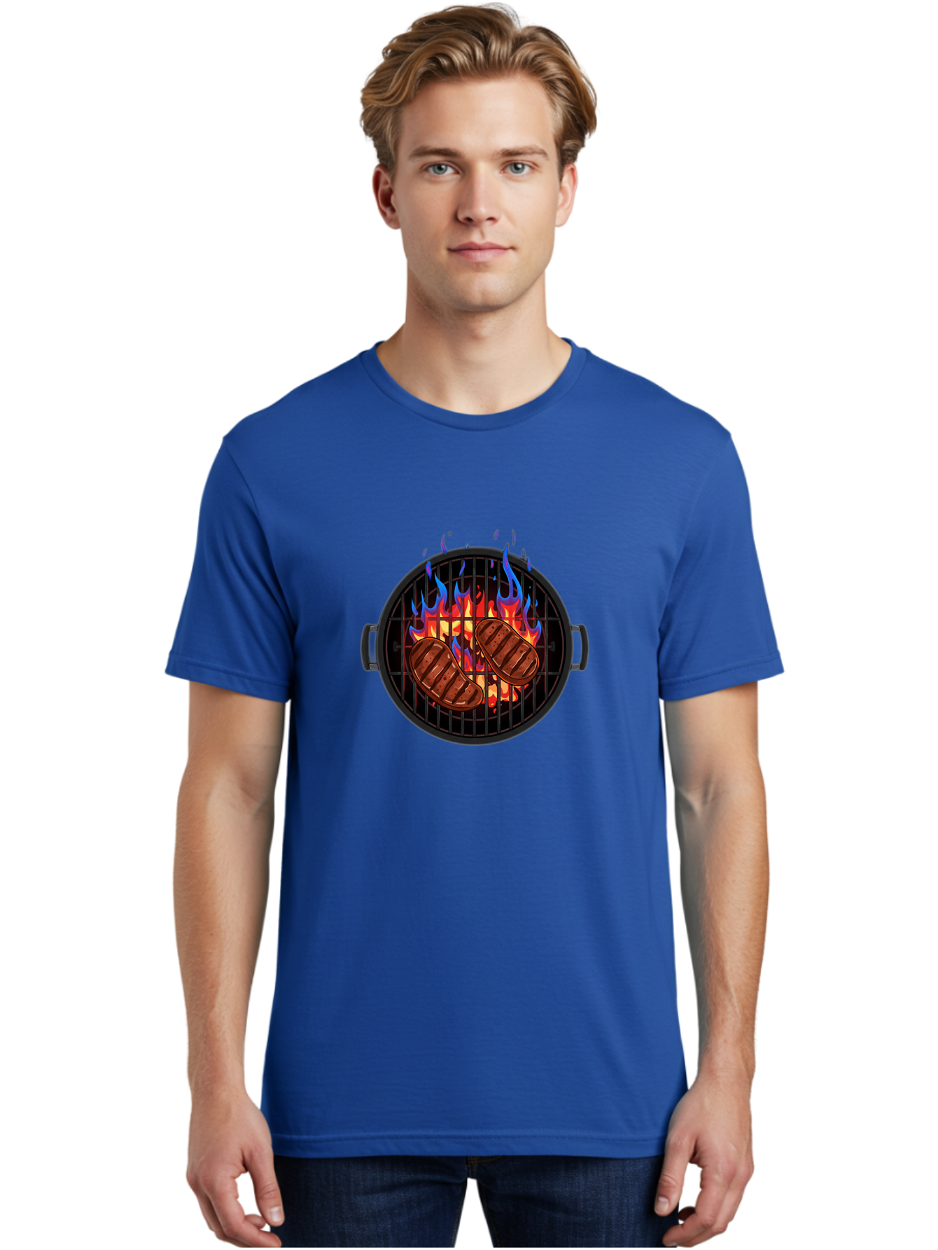 Grilled-Burgers Men'S Graphic Tee, 100% Cotton, Comfortable Casual Summer Wear, Machine Washable, Grilled Steaks, Barbecue Grill, Cooking Meat, Grill Marks, Flames, Outdoor Cooking, Summer Food, Sizzling Meat, Grill Master Bac013