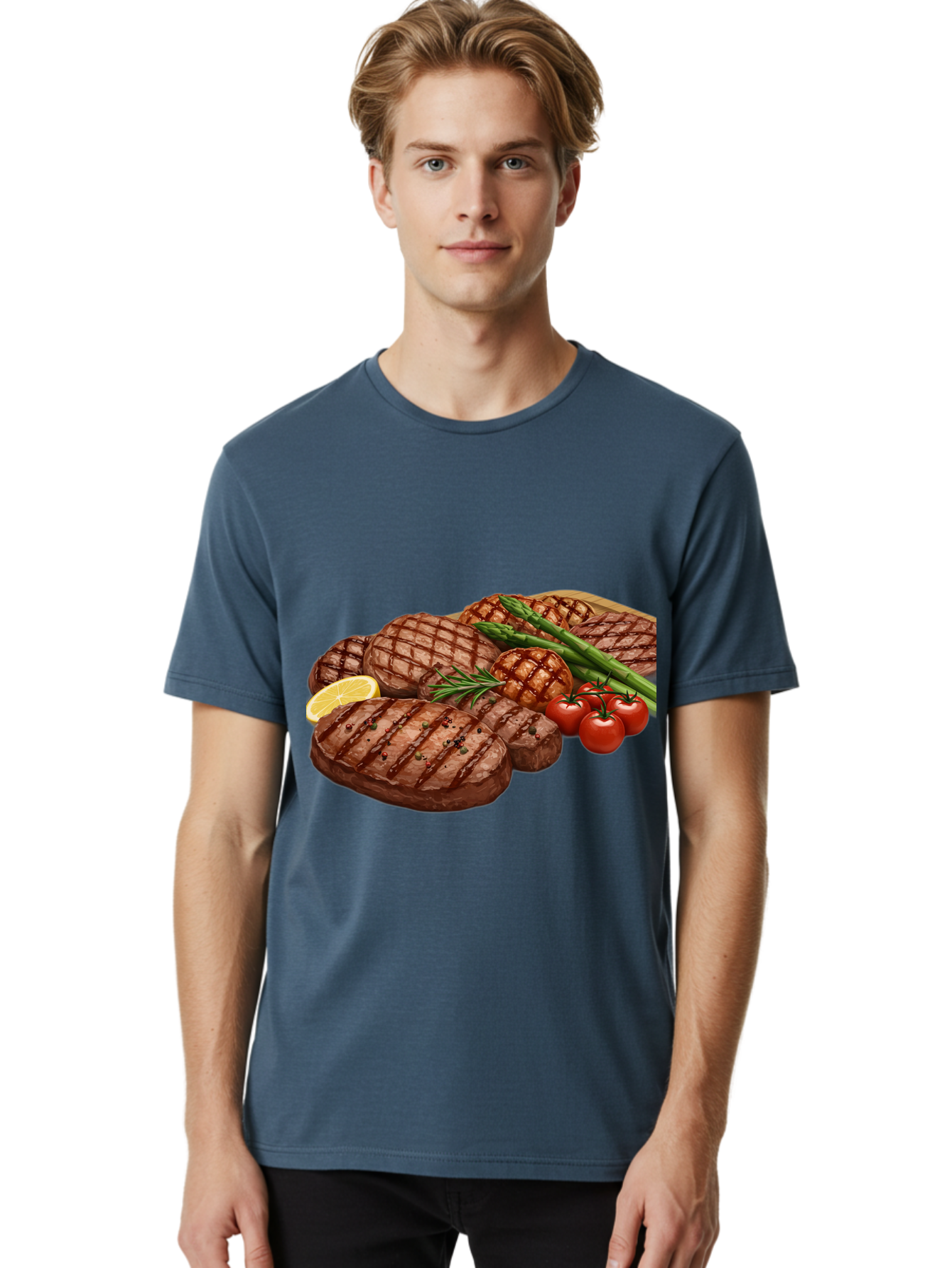 Grilled-Steak-Dinner Men'S Graphic Tee, 100% Cotton, Comfortable Casual Summer Wear, Machine Washable, Grilled Steaks, Steak Dinner, Barbecue, Grilled Vegetables, Asparagus, Tomatoes, Rosemary, Lemon, Savory Flavors, Gourmet Cuisine, Bac016
