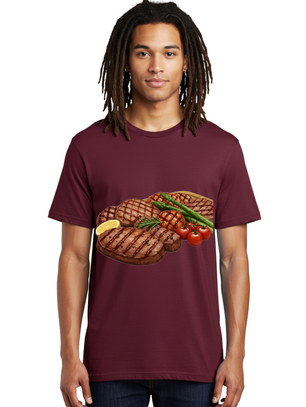 Grilled-Steak-Dinner Men'S Graphic Tee, 100% Cotton, Comfortable Casual Summer Wear, Machine Washable, Grilled Steaks, Steak Dinner, Barbecue, Grilled Vegetables, Asparagus, Tomatoes, Rosemary, Lemon, Savory Flavors, Gourmet Cuisine, Bac016