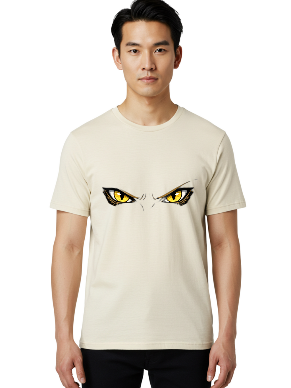 Grinch-Eyes Men'S Graphic Tee, 100% Cotton, Comfortable Casual Summer Wear, Machine Washable, Menacing Eyes, Anime Style, Yellow Eyes, Black Pupils, Aggressive Stare, Intense Gaze, Sharp Eyebrows, Cartoon Illustration, Angry Expression Bac017
