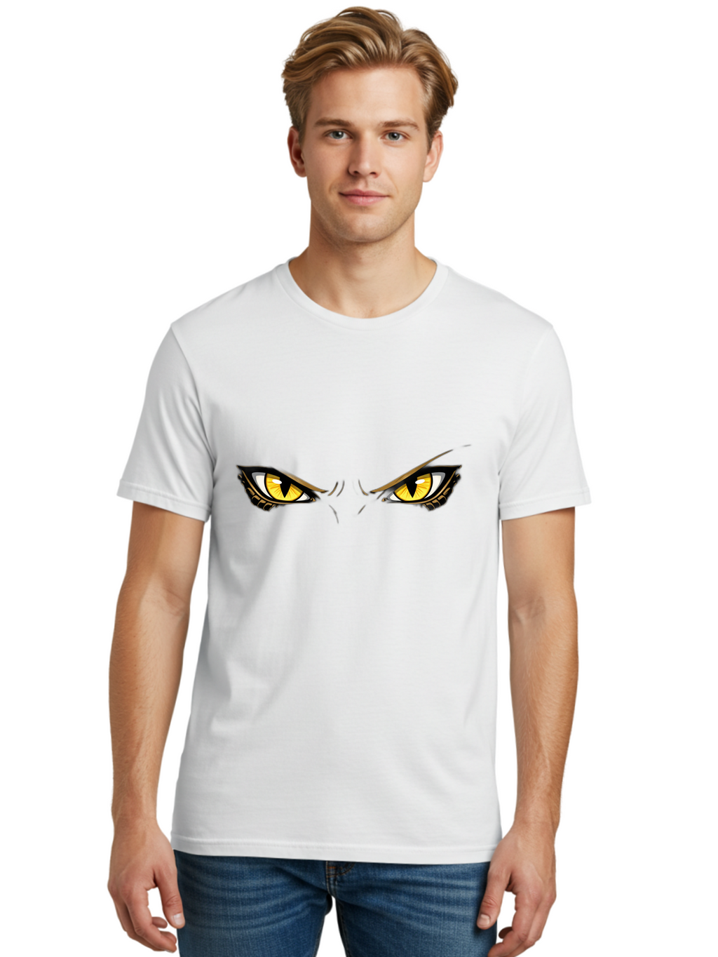 Grinch-Eyes Men'S Graphic Tee, 100% Cotton, Comfortable Casual Summer Wear, Machine Washable, Menacing Eyes, Anime Style, Yellow Eyes, Black Pupils, Aggressive Stare, Intense Gaze, Sharp Eyebrows, Cartoon Illustration, Angry Expression Bac017