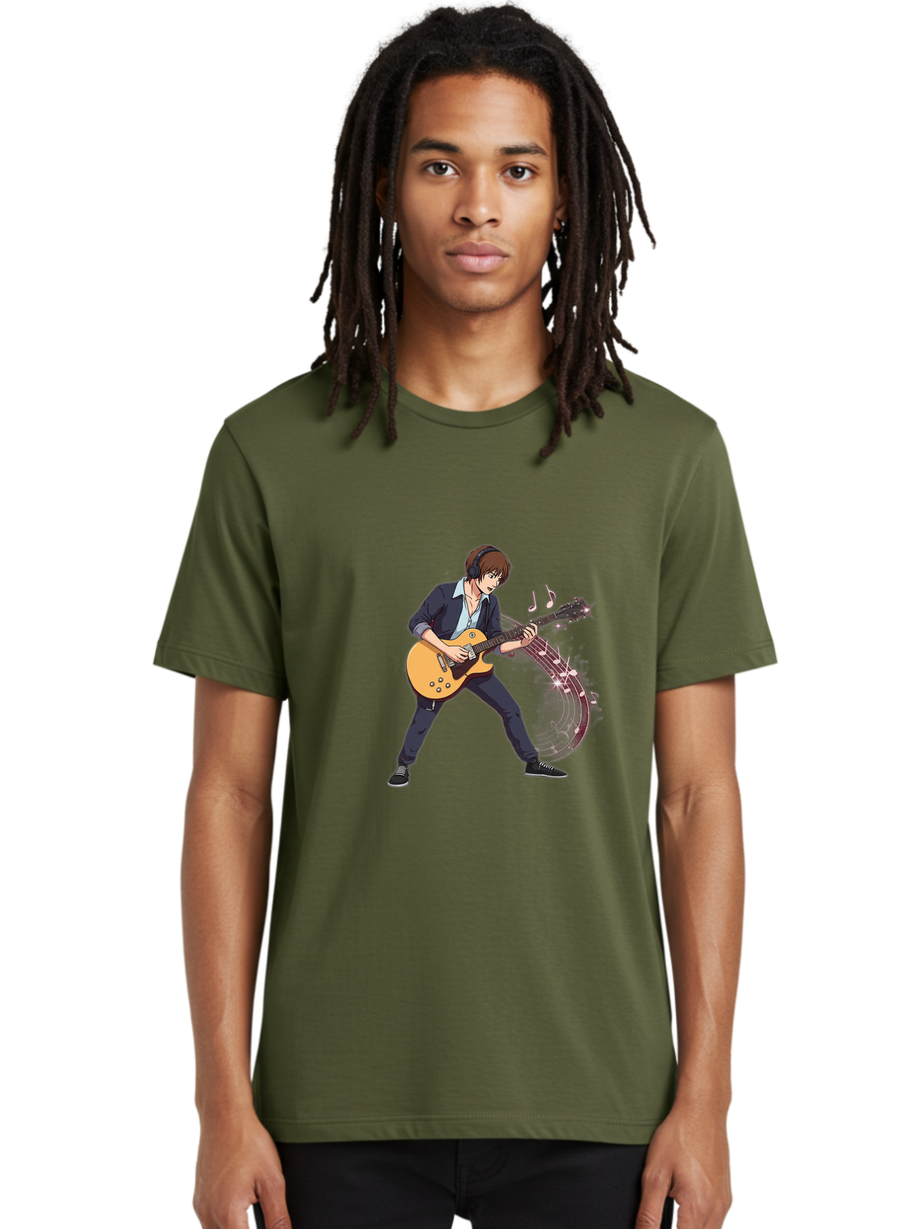 Guitarist Men'S Graphic Tee, 100% Cotton, Comfortable Casual Summer Wear, Machine Washable, Electric Guitar Player, Rock Music, Guitar Solo, Music Notes, Musical Instrument, Brown Hair, Dark Clothing, Cartoon Style, Dynamic Pose, Bac018