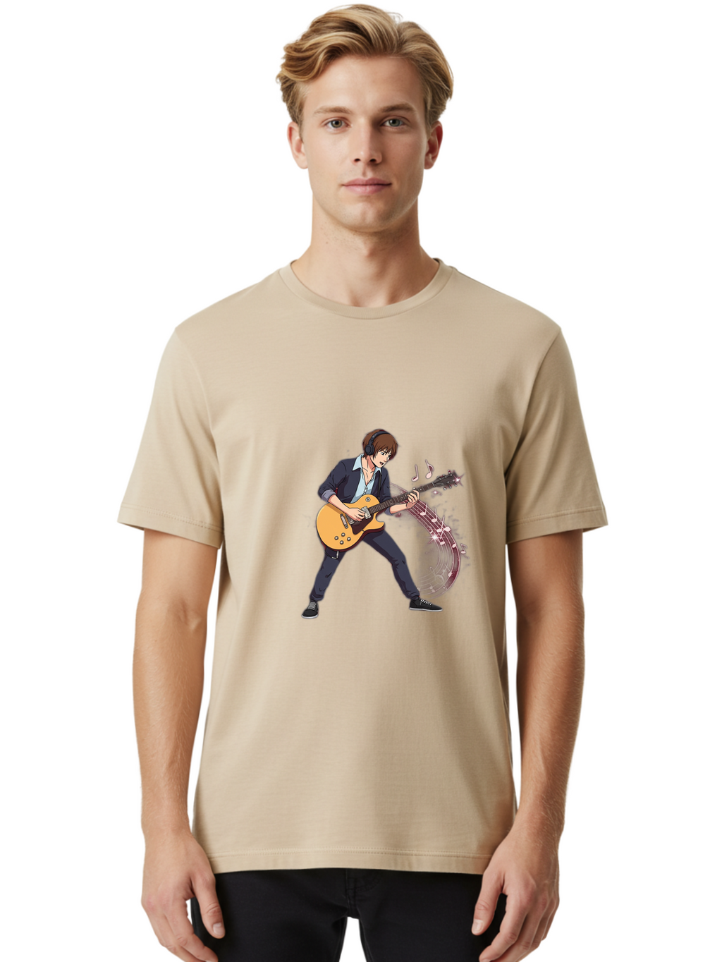 Guitarist Men'S Graphic Tee, 100% Cotton, Comfortable Casual Summer Wear, Machine Washable, Electric Guitar Player, Rock Music, Guitar Solo, Music Notes, Musical Instrument, Brown Hair, Dark Clothing, Cartoon Style, Dynamic Pose, Bac018