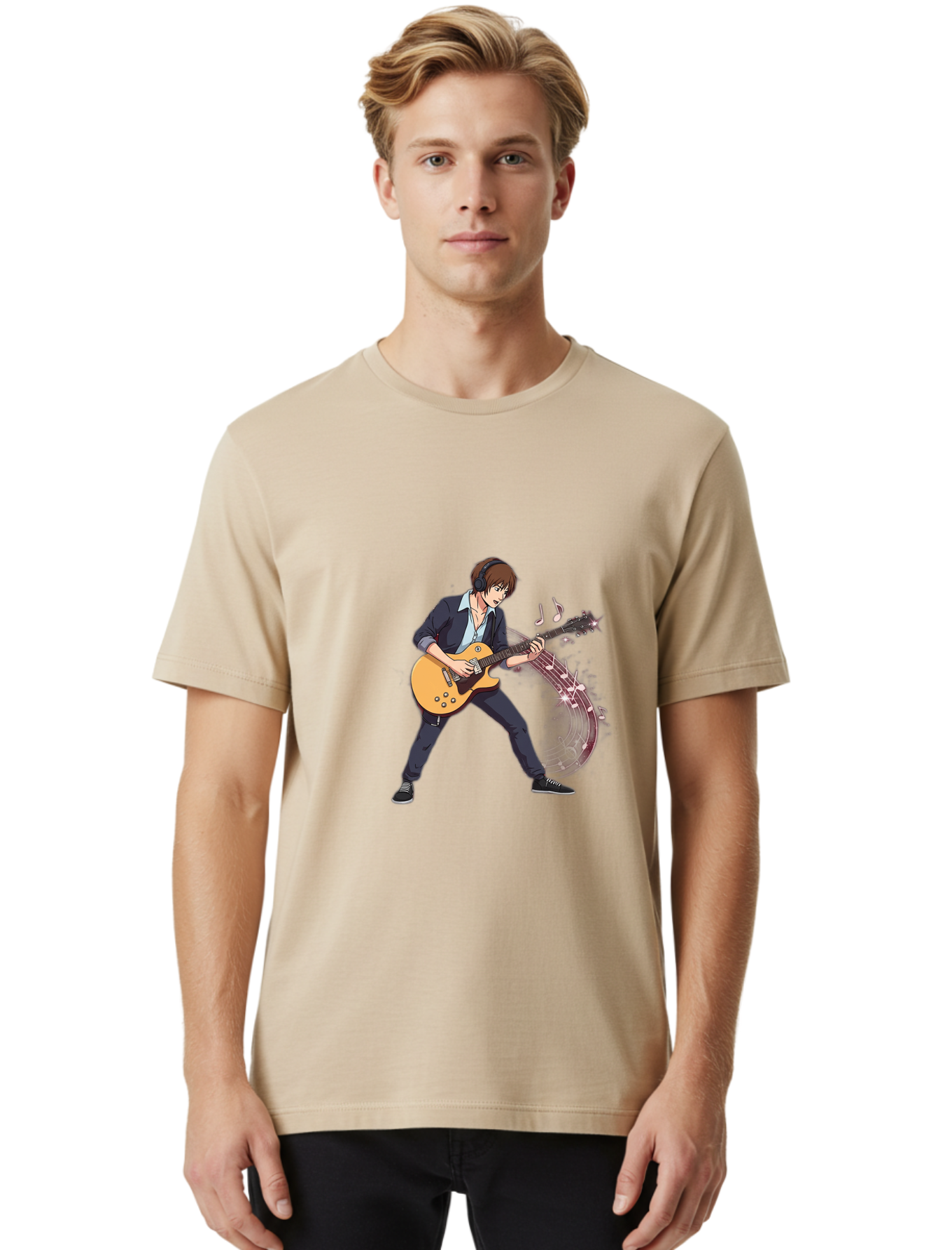 Guitarist Men'S Graphic Tee, 100% Cotton, Comfortable Casual Summer Wear, Machine Washable, Electric Guitar Player, Rock Music, Guitar Solo, Music Notes, Musical Instrument, Brown Hair, Dark Clothing, Cartoon Style, Dynamic Pose, Bac018