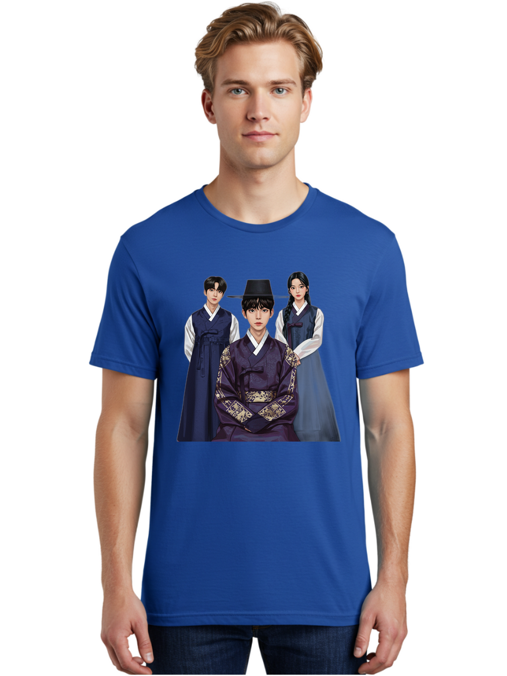 Hanbok-Trio Men'S Graphic Tee, 100% Cotton, Comfortable Casual Summer Wear, Machine Washable, Traditional Korean Clothing, Hanbok Fashion, Cultural Heritage, Korean Attire, Elegant Robes, Historical Dress, Ornate Patterns, Gold Accents, Bac019