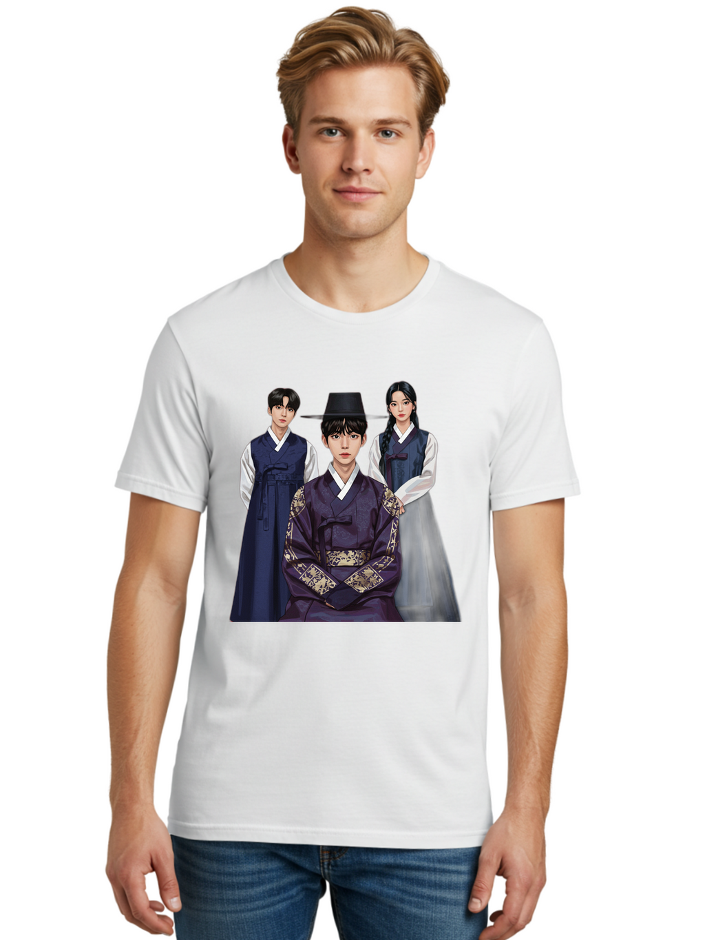 Hanbok-Trio Men'S Graphic Tee, 100% Cotton, Comfortable Casual Summer Wear, Machine Washable, Traditional Korean Clothing, Hanbok Fashion, Cultural Heritage, Korean Attire, Elegant Robes, Historical Dress, Ornate Patterns, Gold Accents, Bac019