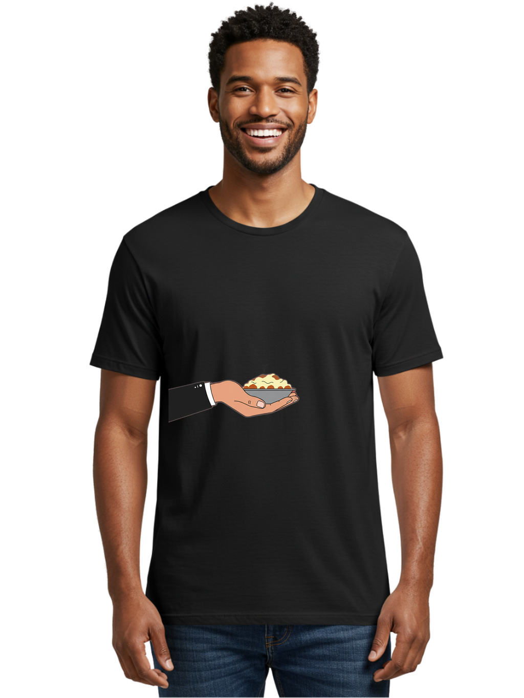 Hand-Holding-Bowl Men'S Graphic Tee, 100% Cotton, Comfortable Casual Summer Wear, Machine Washable, Hand Holding Bowl, Cartoon Style, Food Presentation, Serving Dish, Culinary Illustration, Serving Staff, Dinner Service, Food Art, Bac020