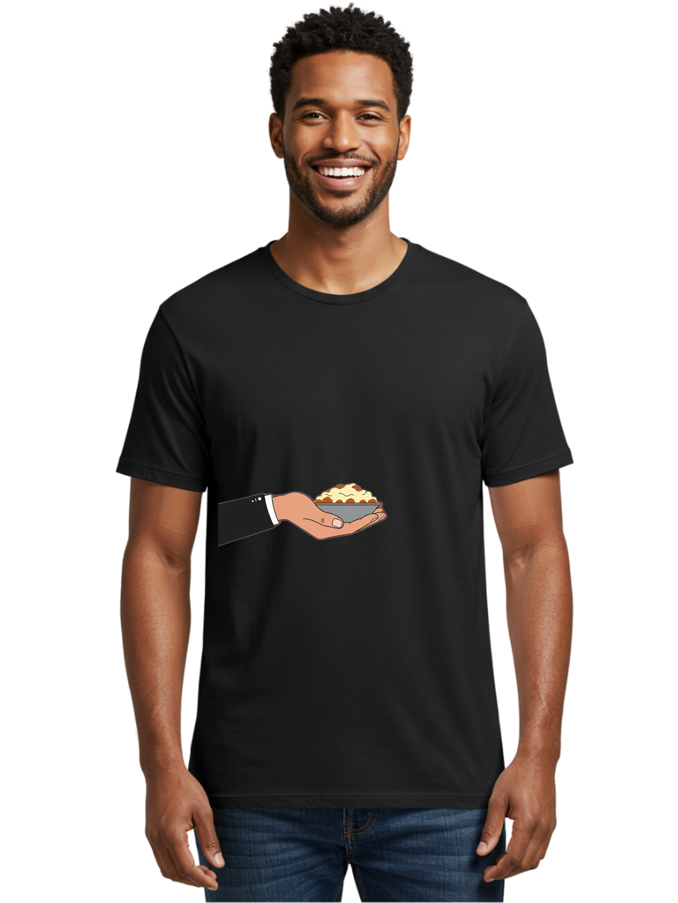 Hand-Holding-Bowl Men'S Graphic Tee, 100% Cotton, Comfortable Casual Summer Wear, Machine Washable, Hand Holding Bowl, Cartoon Style, Food Presentation, Serving Dish, Culinary Illustration, Serving Staff, Dinner Service, Food Art, Bac020