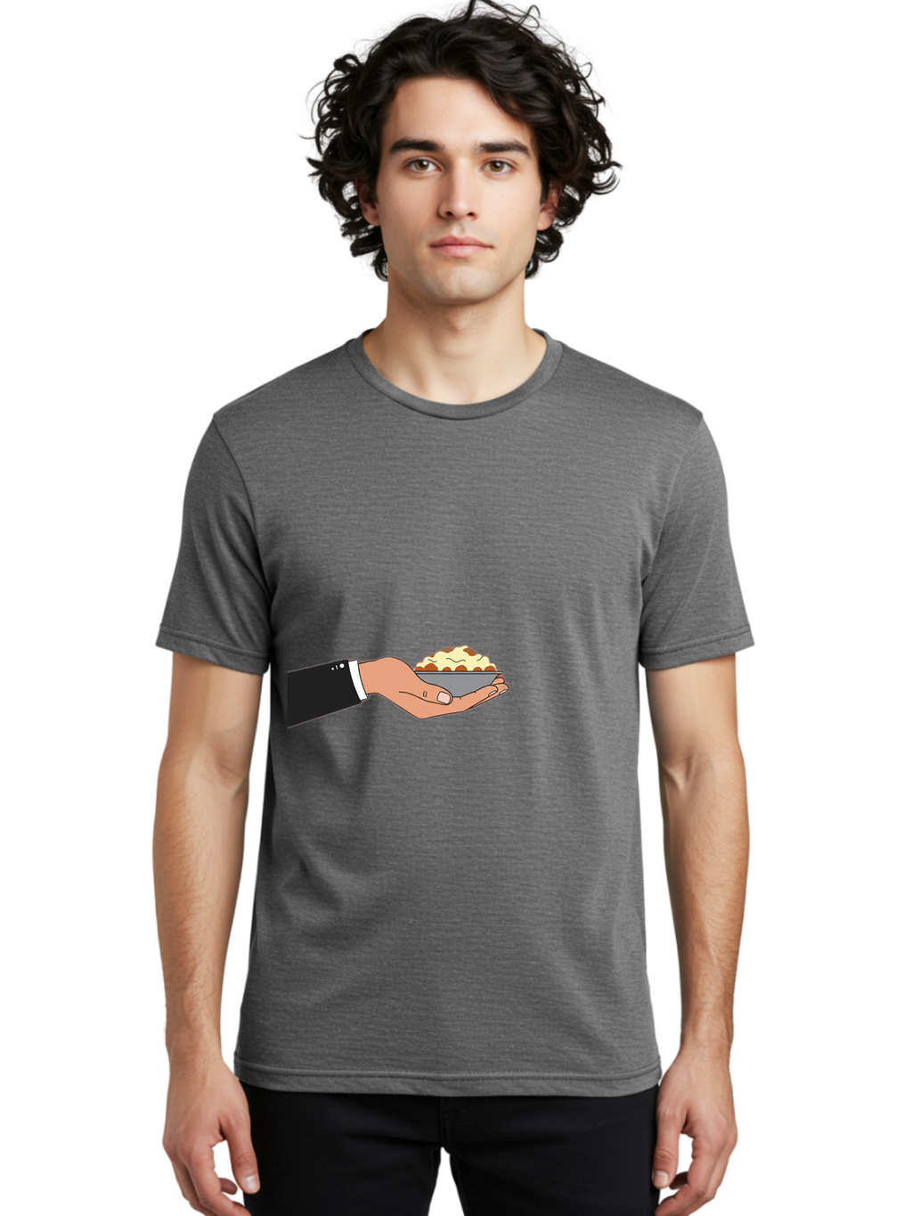Hand-Holding-Bowl Men'S Graphic Tee, 100% Cotton, Comfortable Casual Summer Wear, Machine Washable, Hand Holding Bowl, Cartoon Style, Food Presentation, Serving Dish, Culinary Illustration, Serving Staff, Dinner Service, Food Art, Bac020