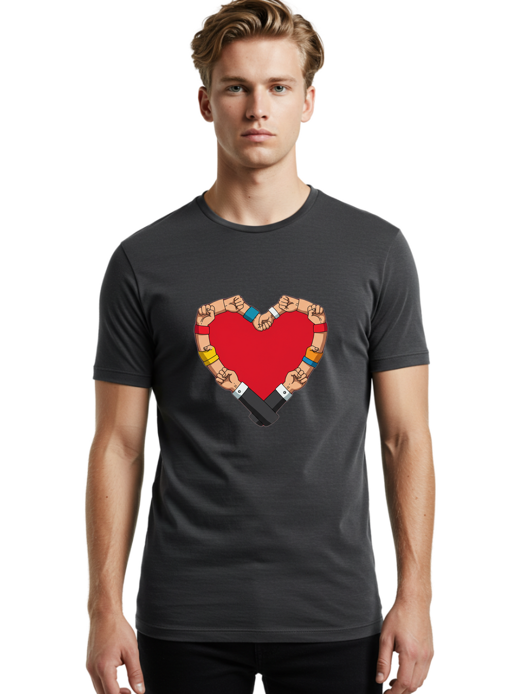 Hands-Forming-Heart-1 Men'S Graphic Tee, 100% Cotton, Comfortable Casual Summer Wear, Machine Washable, Hands Holding Heart, Unity, Solidarity, Social Justice, Human Rights, Love, Community, Togetherness, Diversity, Activism, Empowerment Bac022