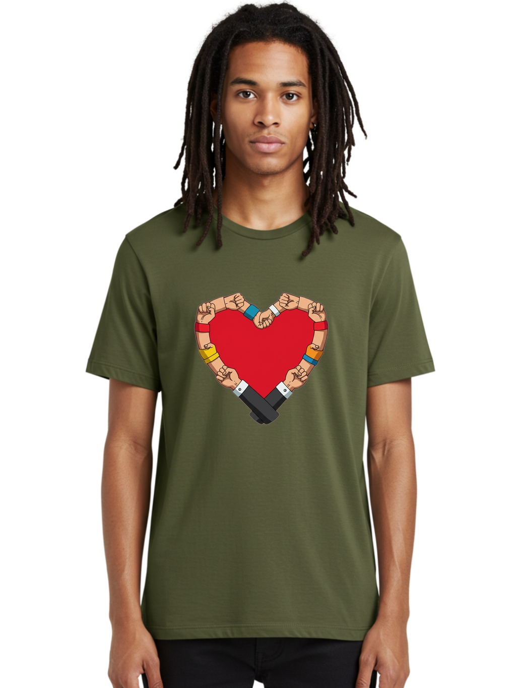 Hands-Forming-Heart-1 Men'S Graphic Tee, 100% Cotton, Comfortable Casual Summer Wear, Machine Washable, Hands Holding Heart, Unity, Solidarity, Social Justice, Human Rights, Love, Community, Togetherness, Diversity, Activism, Empowerment Bac022