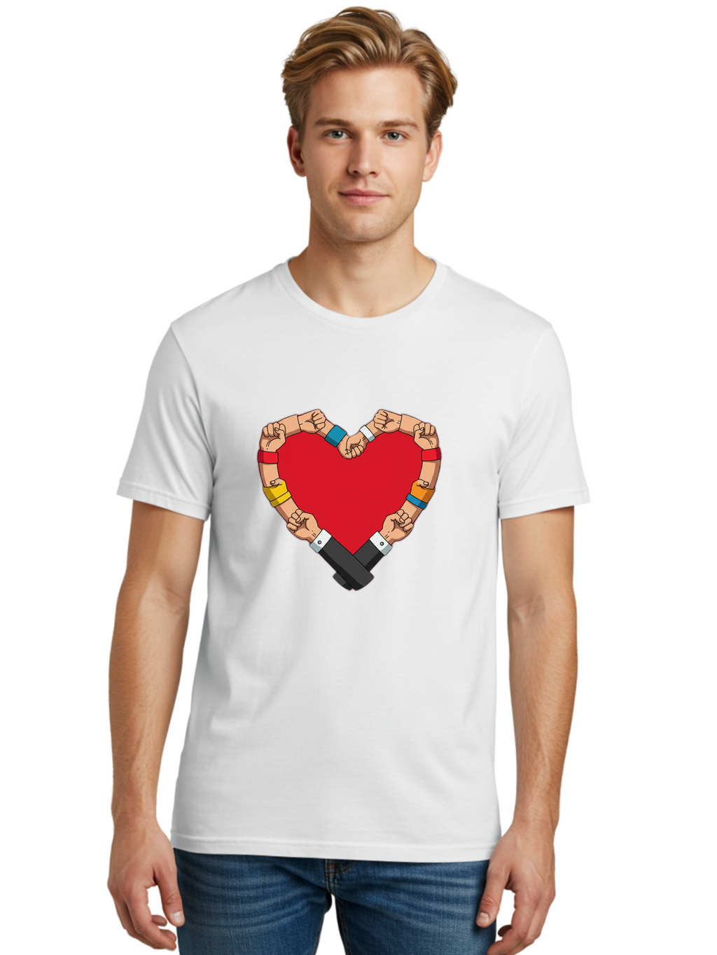 Hands-Forming-Heart-1 Men'S Graphic Tee, 100% Cotton, Comfortable Casual Summer Wear, Machine Washable, Hands Holding Heart, Unity, Solidarity, Social Justice, Human Rights, Love, Community, Togetherness, Diversity, Activism, Empowerment Bac022