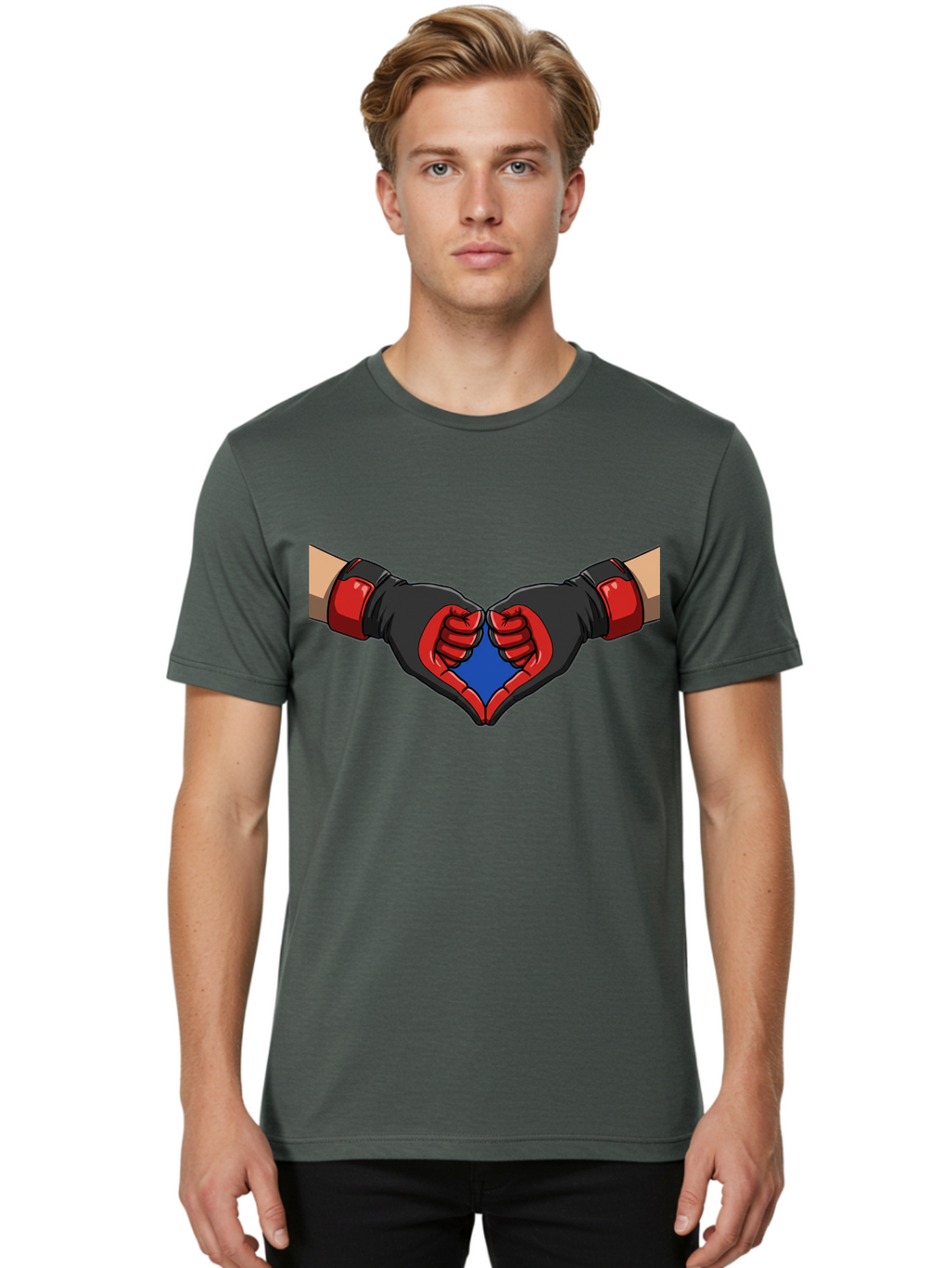 Hands-Forming-Heart-2 Men'S Graphic Tee, 100% Cotton, Comfortable Casual Summer Wear, Machine Washable, Hands Forming A Heart Shape, Black And Red Boxing Gloves, Blue Heart Center, Cartoon Illustration, Hand Gesture, Symbolic Heart Shape, Bac023