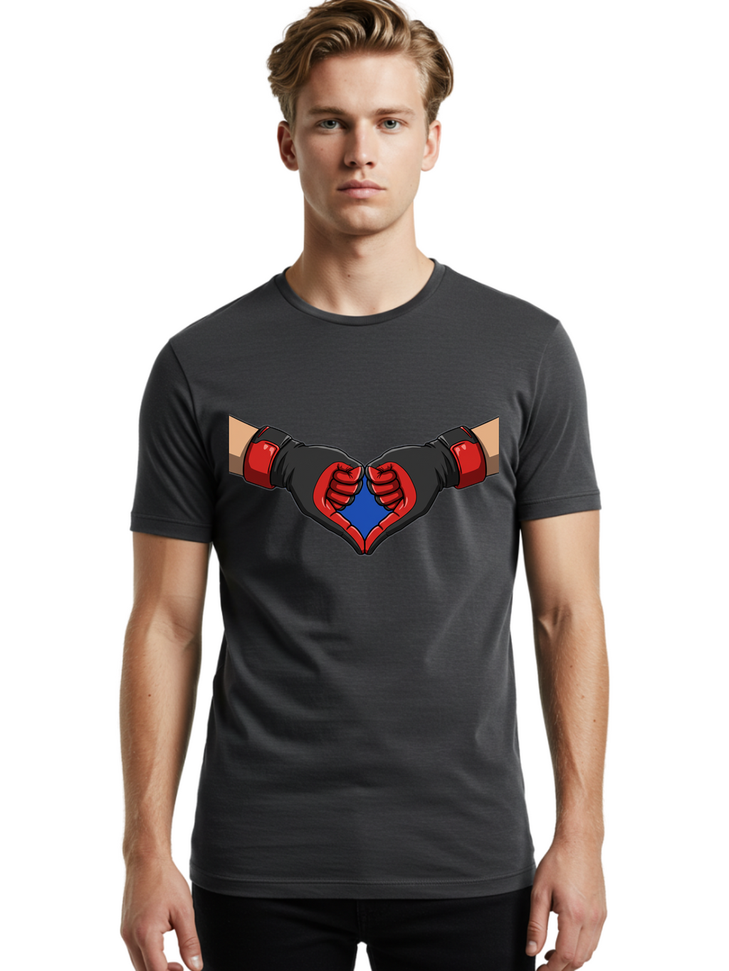 Hands-Forming-Heart-2 Men'S Graphic Tee, 100% Cotton, Comfortable Casual Summer Wear, Machine Washable, Hands Forming A Heart Shape, Black And Red Boxing Gloves, Blue Heart Center, Cartoon Illustration, Hand Gesture, Symbolic Heart Shape, Bac023