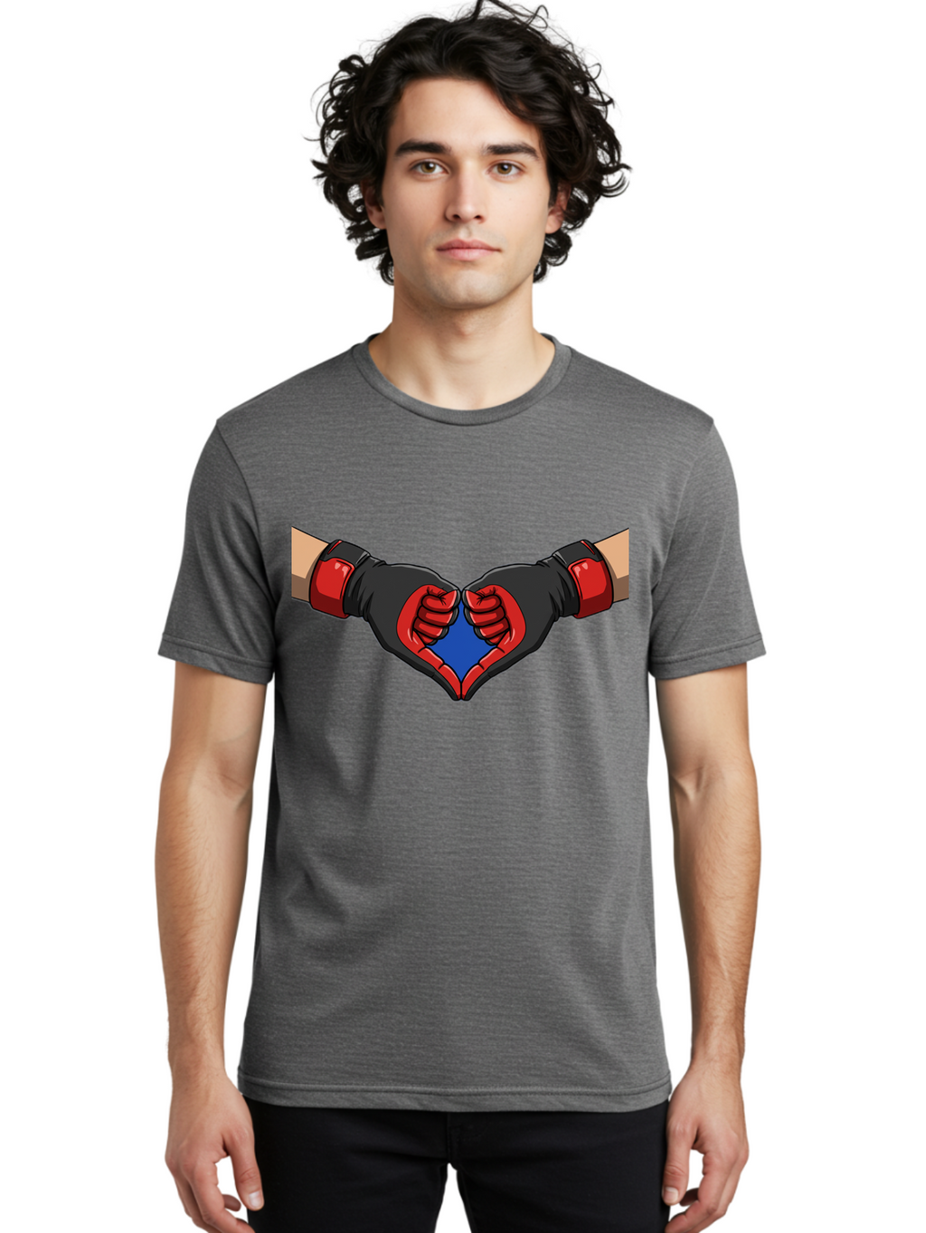Hands-Forming-Heart-2 Men'S Graphic Tee, 100% Cotton, Comfortable Casual Summer Wear, Machine Washable, Hands Forming A Heart Shape, Black And Red Boxing Gloves, Blue Heart Center, Cartoon Illustration, Hand Gesture, Symbolic Heart Shape, Bac023