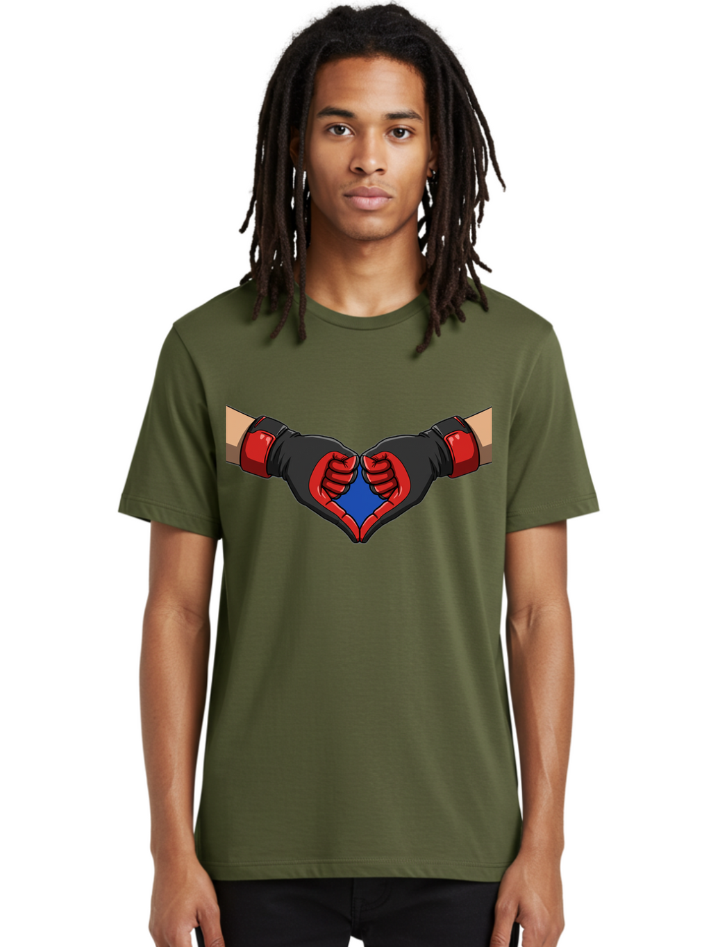 Hands-Forming-Heart-2 Men'S Graphic Tee, 100% Cotton, Comfortable Casual Summer Wear, Machine Washable, Hands Forming A Heart Shape, Black And Red Boxing Gloves, Blue Heart Center, Cartoon Illustration, Hand Gesture, Symbolic Heart Shape, Bac023