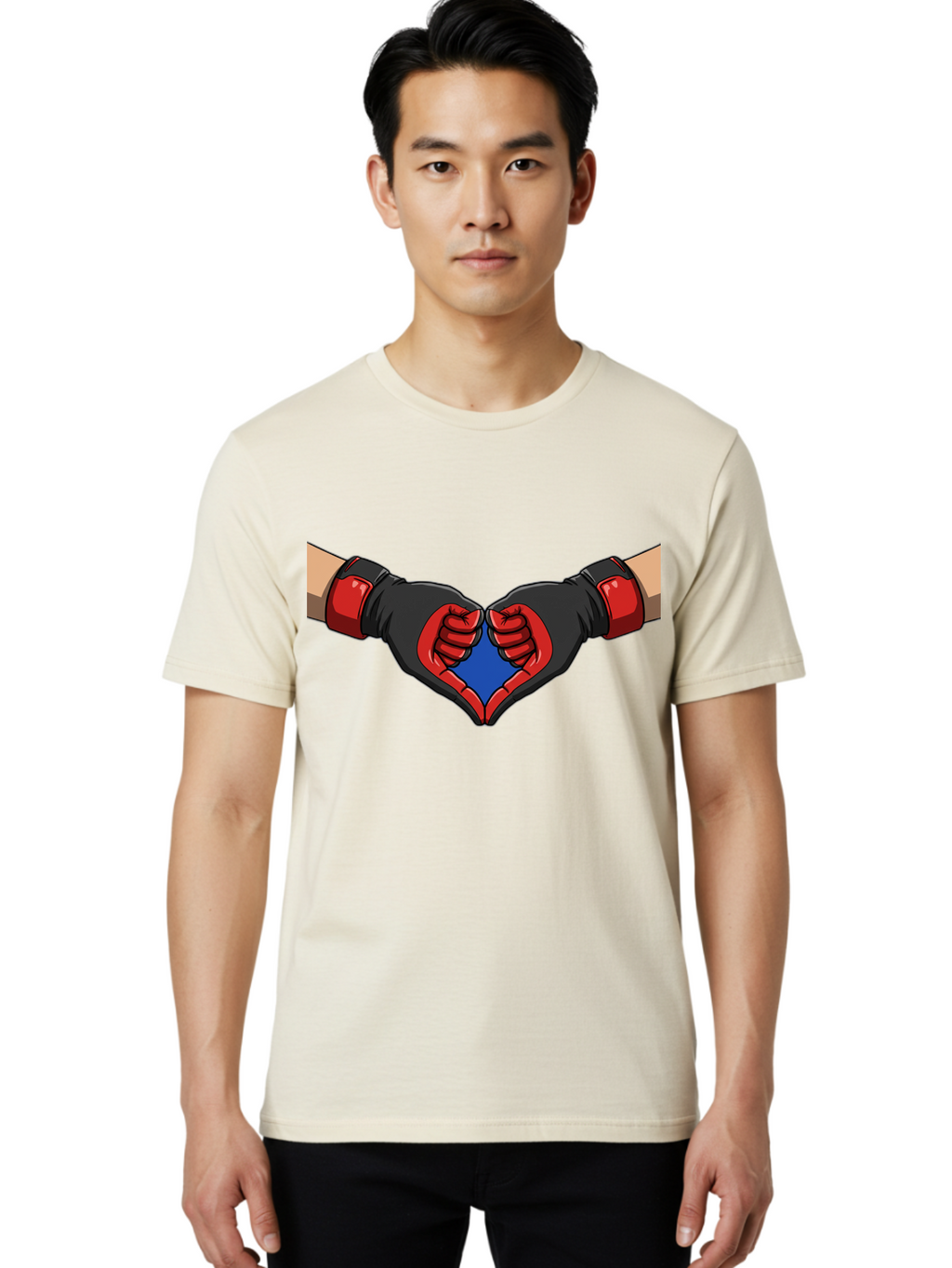 Hands-Forming-Heart-2 Men'S Graphic Tee, 100% Cotton, Comfortable Casual Summer Wear, Machine Washable, Hands Forming A Heart Shape, Black And Red Boxing Gloves, Blue Heart Center, Cartoon Illustration, Hand Gesture, Symbolic Heart Shape, Bac023