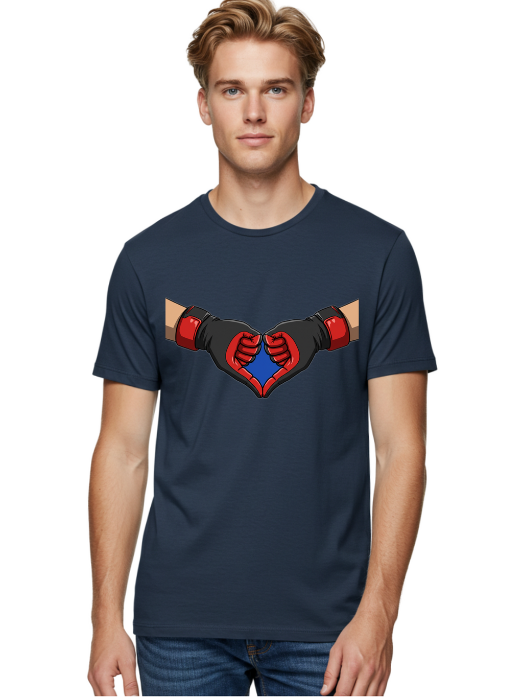 Hands-Forming-Heart-2 Men'S Graphic Tee, 100% Cotton, Comfortable Casual Summer Wear, Machine Washable, Hands Forming A Heart Shape, Black And Red Boxing Gloves, Blue Heart Center, Cartoon Illustration, Hand Gesture, Symbolic Heart Shape, Bac023