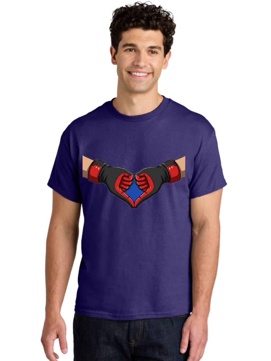 Hands-Forming-Heart-2 Men'S Graphic Tee, 100% Cotton, Comfortable Casual Summer Wear, Machine Washable, Hands Forming A Heart Shape, Black And Red Boxing Gloves, Blue Heart Center, Cartoon Illustration, Hand Gesture, Symbolic Heart Shape, Bac023