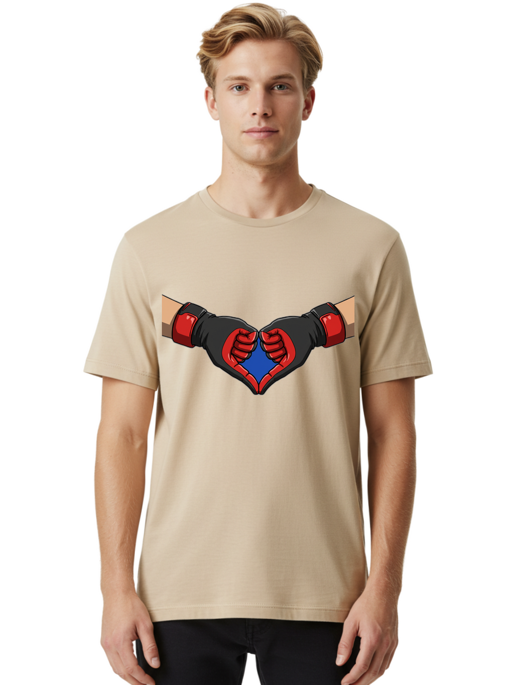 Hands-Forming-Heart-2 Men'S Graphic Tee, 100% Cotton, Comfortable Casual Summer Wear, Machine Washable, Hands Forming A Heart Shape, Black And Red Boxing Gloves, Blue Heart Center, Cartoon Illustration, Hand Gesture, Symbolic Heart Shape, Bac023