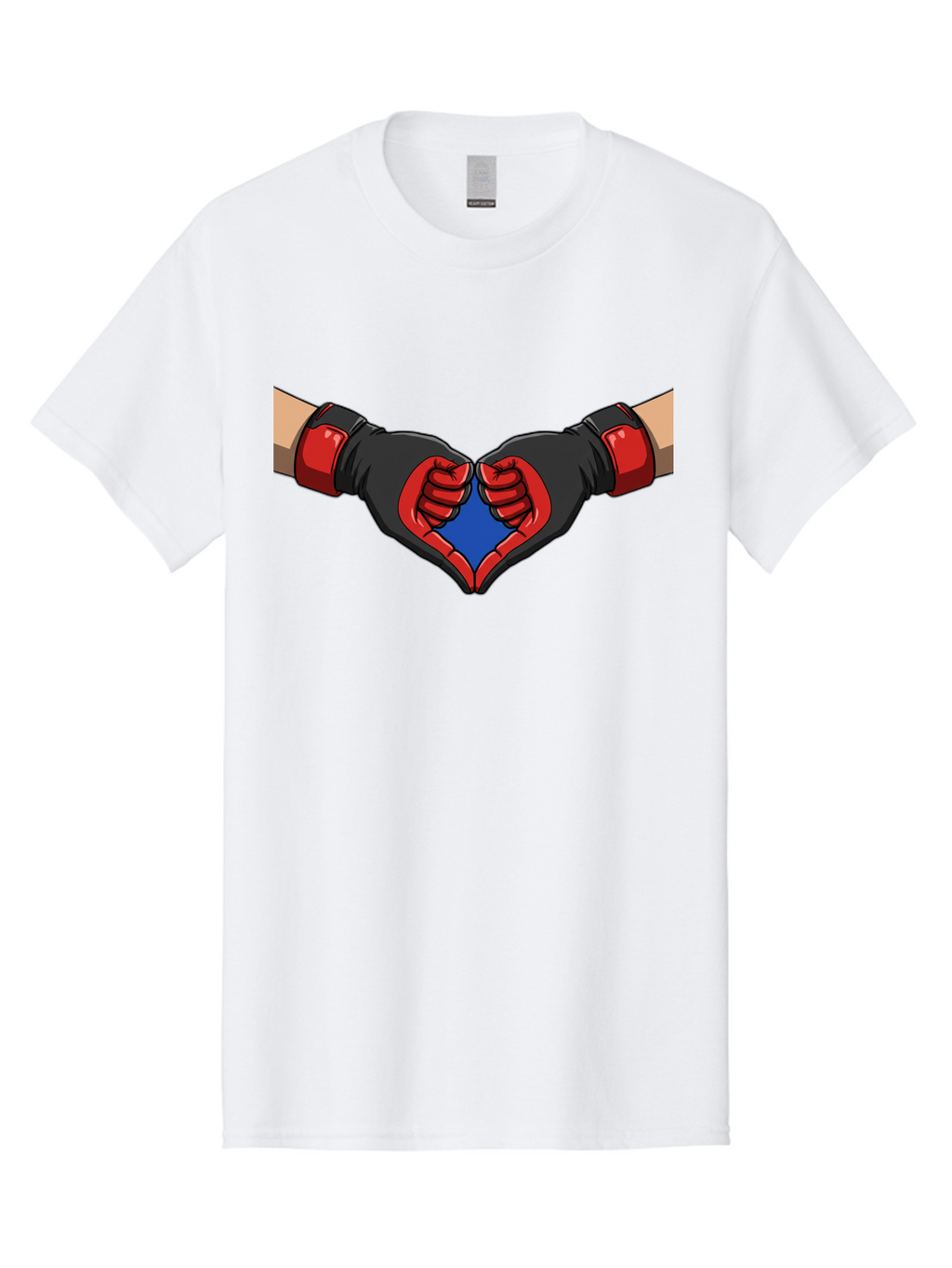 Hands-Forming-Heart-2 Men'S Graphic Tee, 100% Cotton, Comfortable Casual Summer Wear, Machine Washable, Hands Forming A Heart Shape, Black And Red Boxing Gloves, Blue Heart Center, Cartoon Illustration, Hand Gesture, Symbolic Heart Shape, Bac023