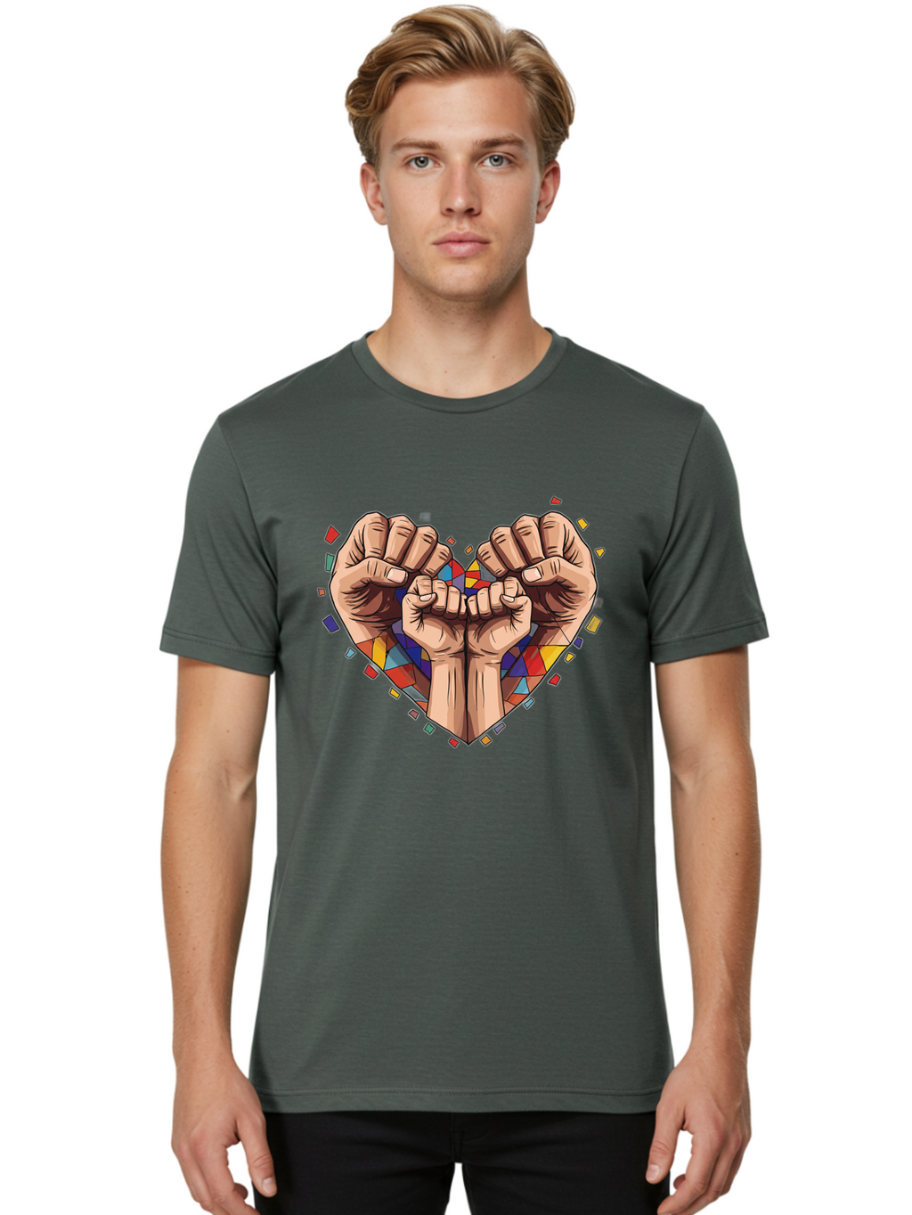 Hands-Forming-Heart-4 Men'S Graphic Tee, 100% Cotton, Comfortable Casual Summer Wear, Machine Washable, Hands Forming Heart Shape, Mosaic Heart, Multi-Colored Tiles, Vibrant Colors, Unity Symbol, Togetherness, Love, Solidarity, Empowerment Bac025