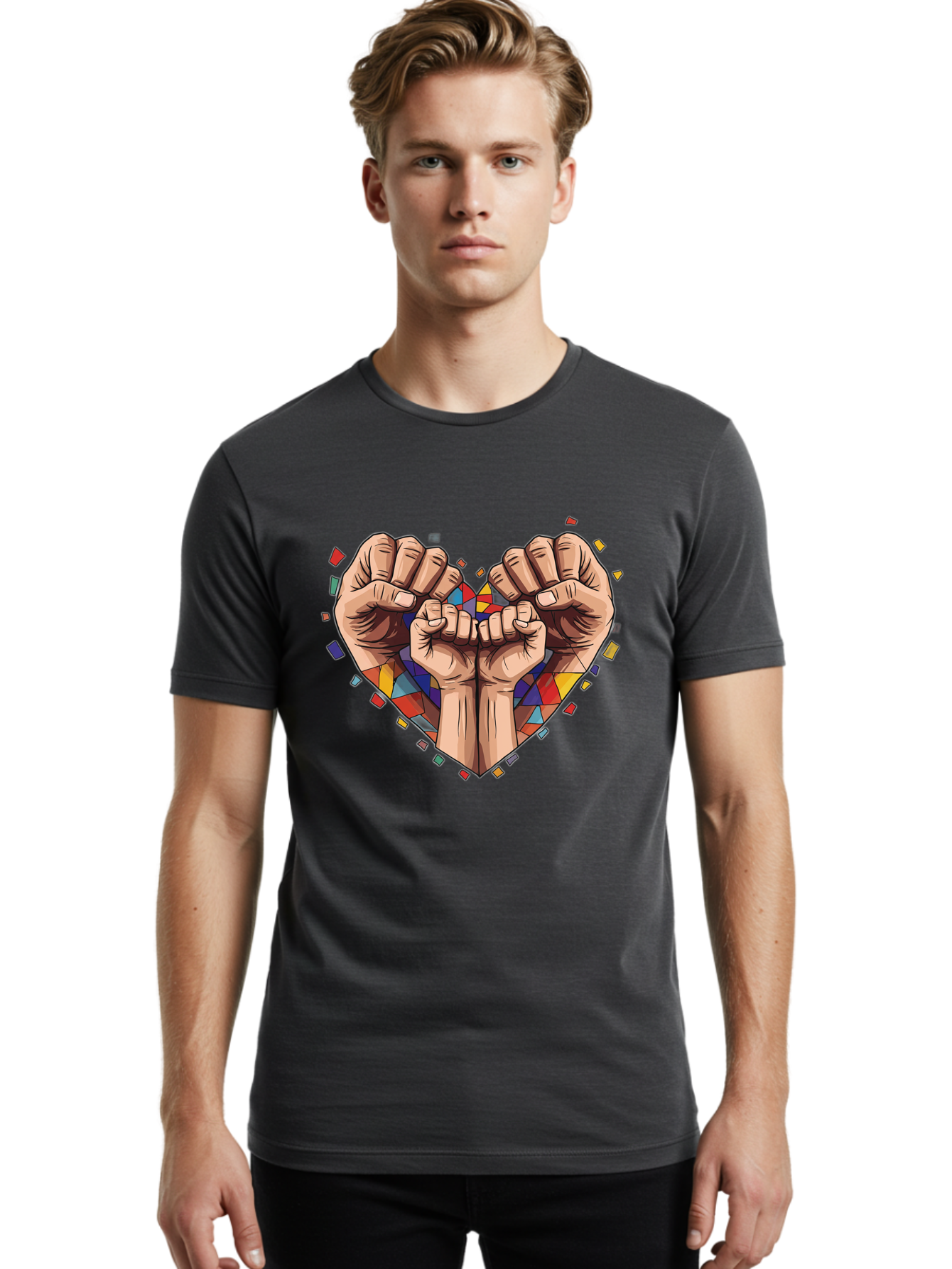 Hands-Forming-Heart-4 Men'S Graphic Tee, 100% Cotton, Comfortable Casual Summer Wear, Machine Washable, Hands Forming Heart Shape, Mosaic Heart, Multi-Colored Tiles, Vibrant Colors, Unity Symbol, Togetherness, Love, Solidarity, Empowerment Bac025