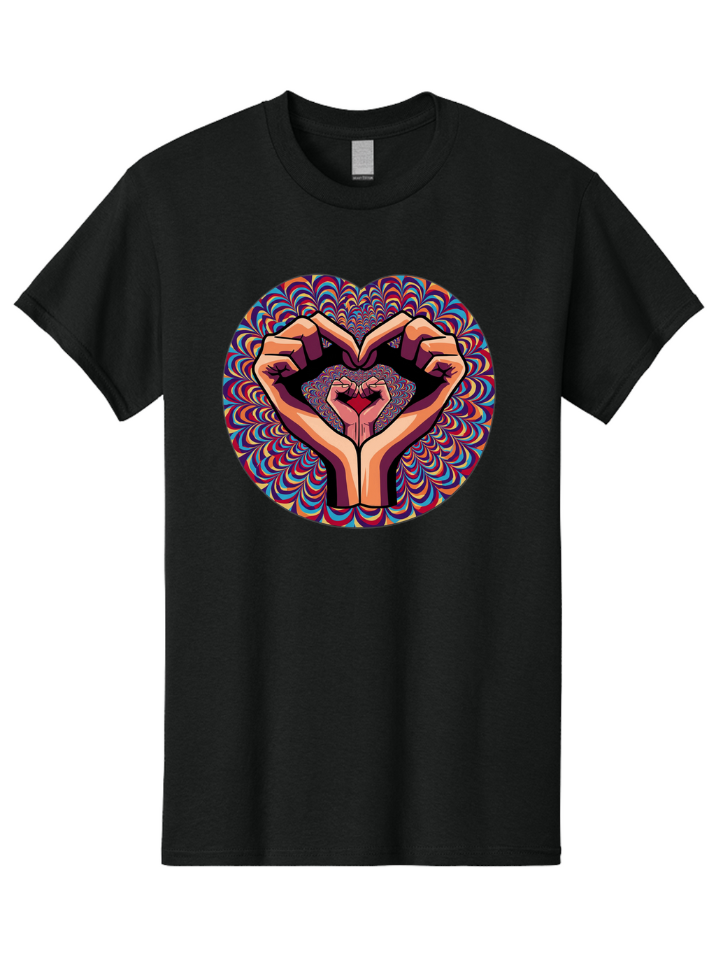 Hands-Forming-Heart-5 Men'S Graphic Tee, 100% Cotton, Comfortable Casual Summer Wear, Machine Washable, Hands Forming A Heart Shape, Psychedelic Art, Rainbow Colors, Vibrant Patterns, Love Symbol, Hand Gesture, Artistic Expression, Bac026