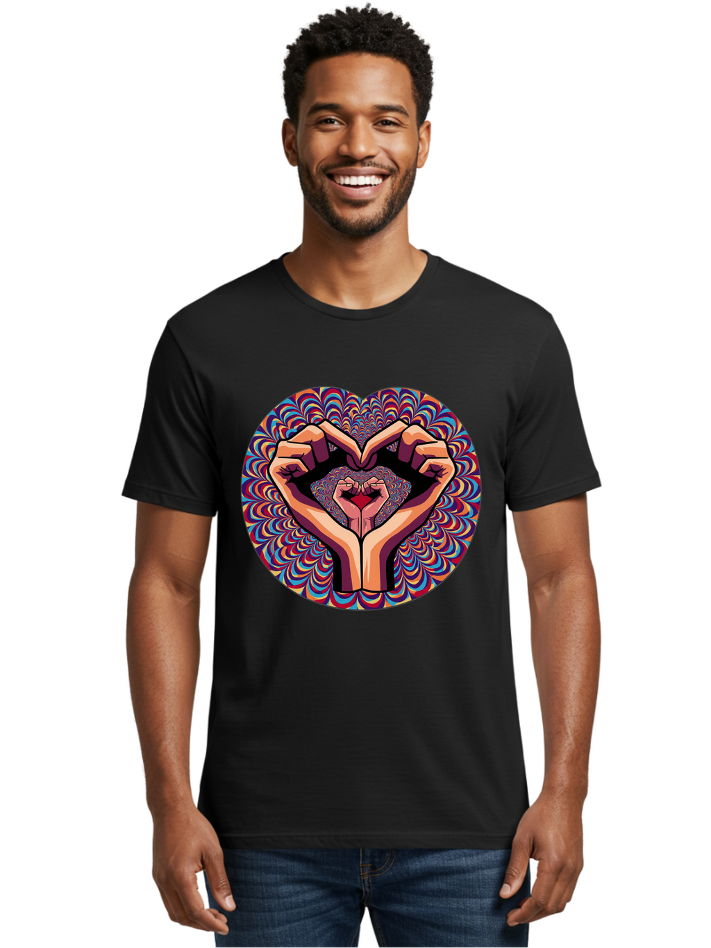 Hands-Forming-Heart-5 Men'S Graphic Tee, 100% Cotton, Comfortable Casual Summer Wear, Machine Washable, Hands Forming A Heart Shape, Psychedelic Art, Rainbow Colors, Vibrant Patterns, Love Symbol, Hand Gesture, Artistic Expression, Bac026