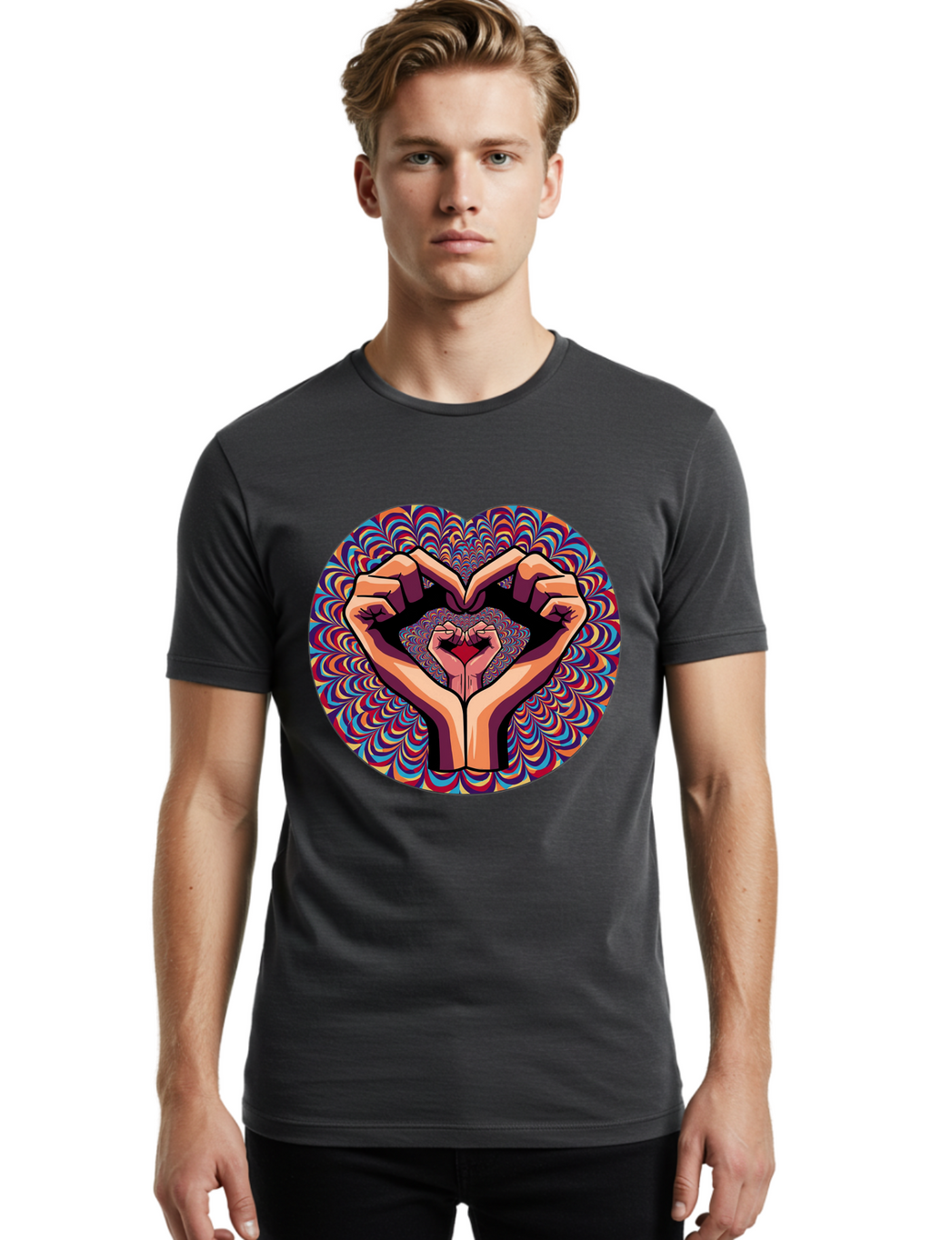 Hands-Forming-Heart-5 Men'S Graphic Tee, 100% Cotton, Comfortable Casual Summer Wear, Machine Washable, Hands Forming A Heart Shape, Psychedelic Art, Rainbow Colors, Vibrant Patterns, Love Symbol, Hand Gesture, Artistic Expression, Bac026