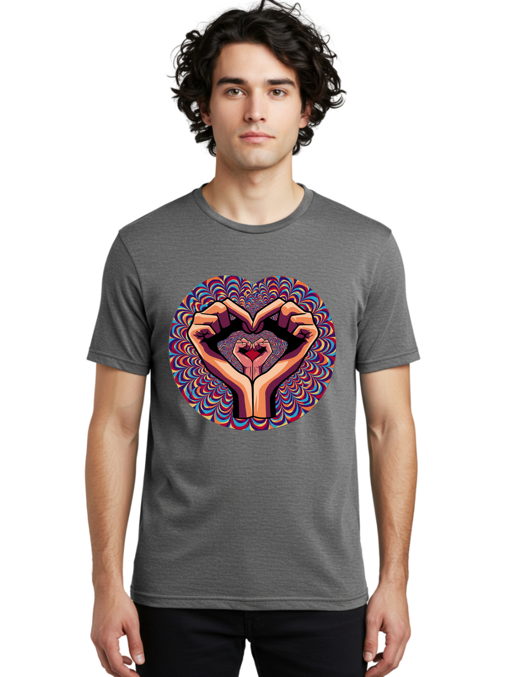 Hands-Forming-Heart-5 Men'S Graphic Tee, 100% Cotton, Comfortable Casual Summer Wear, Machine Washable, Hands Forming A Heart Shape, Psychedelic Art, Rainbow Colors, Vibrant Patterns, Love Symbol, Hand Gesture, Artistic Expression, Bac026