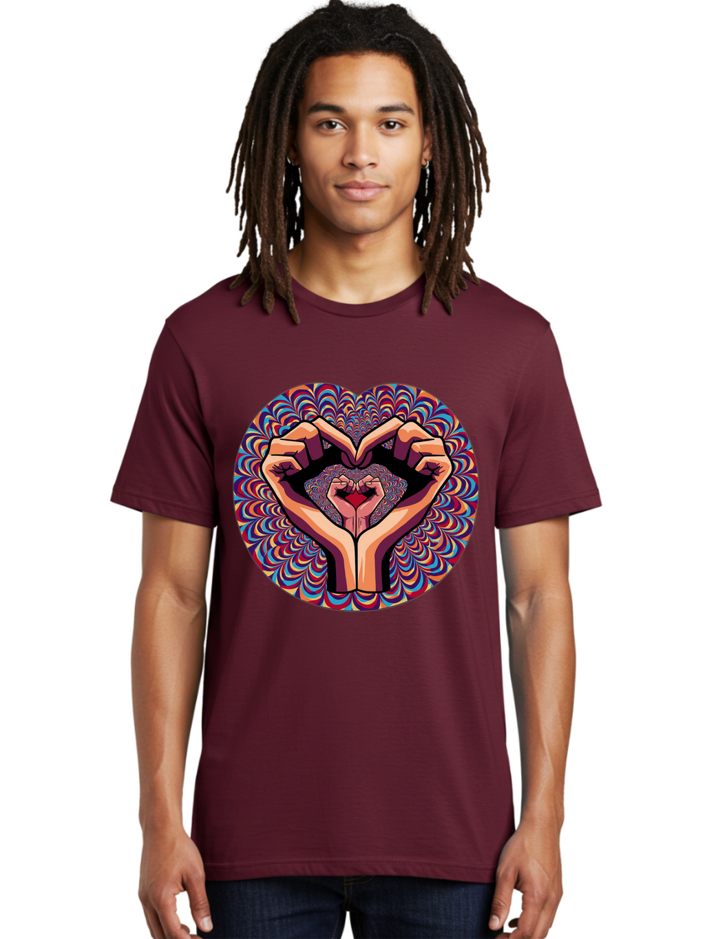 Hands-Forming-Heart-5 Men'S Graphic Tee, 100% Cotton, Comfortable Casual Summer Wear, Machine Washable, Hands Forming A Heart Shape, Psychedelic Art, Rainbow Colors, Vibrant Patterns, Love Symbol, Hand Gesture, Artistic Expression, Bac026