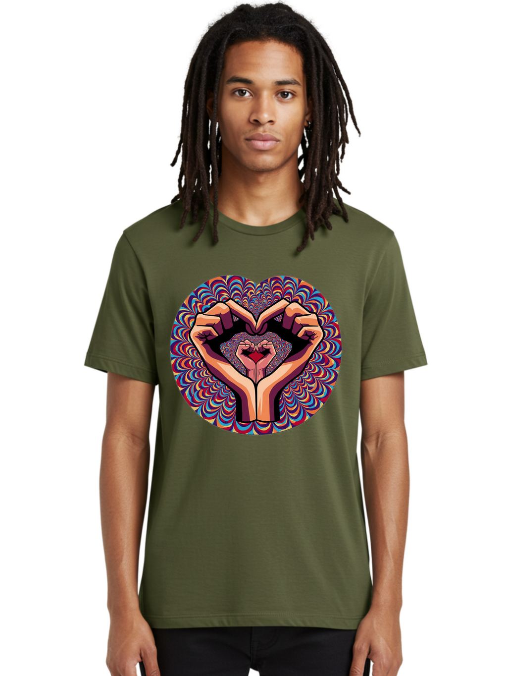 Hands-Forming-Heart-5 Men'S Graphic Tee, 100% Cotton, Comfortable Casual Summer Wear, Machine Washable, Hands Forming A Heart Shape, Psychedelic Art, Rainbow Colors, Vibrant Patterns, Love Symbol, Hand Gesture, Artistic Expression, Bac026
