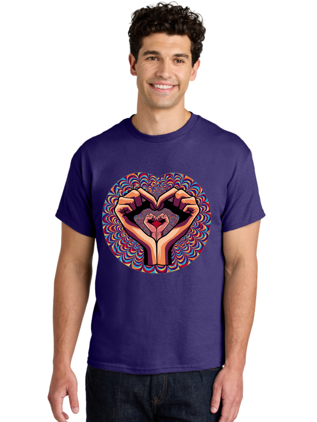 Hands-Forming-Heart-5 Men'S Graphic Tee, 100% Cotton, Comfortable Casual Summer Wear, Machine Washable, Hands Forming A Heart Shape, Psychedelic Art, Rainbow Colors, Vibrant Patterns, Love Symbol, Hand Gesture, Artistic Expression, Bac026