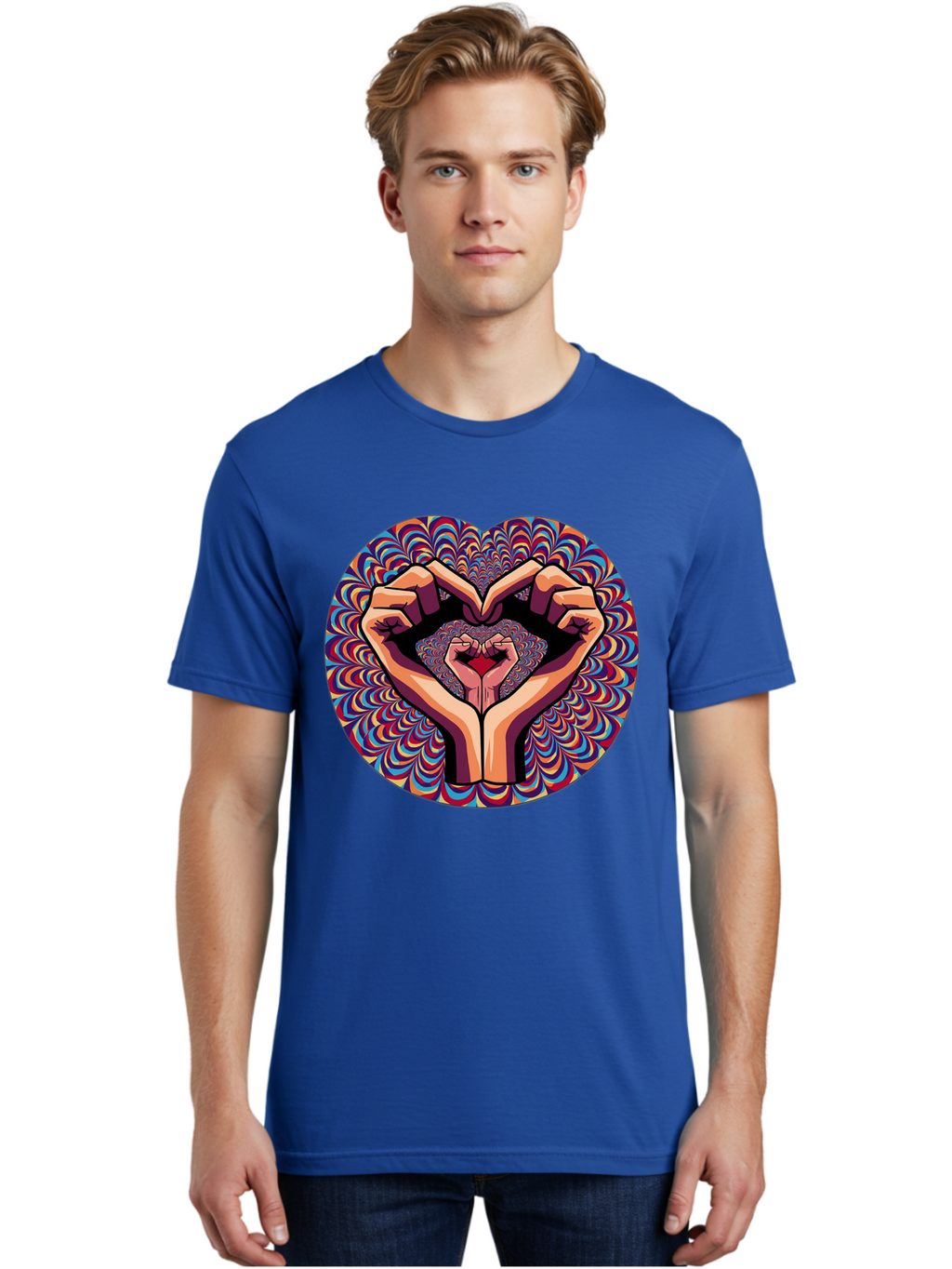 Hands-Forming-Heart-5 Men'S Graphic Tee, 100% Cotton, Comfortable Casual Summer Wear, Machine Washable, Hands Forming A Heart Shape, Psychedelic Art, Rainbow Colors, Vibrant Patterns, Love Symbol, Hand Gesture, Artistic Expression, Bac026