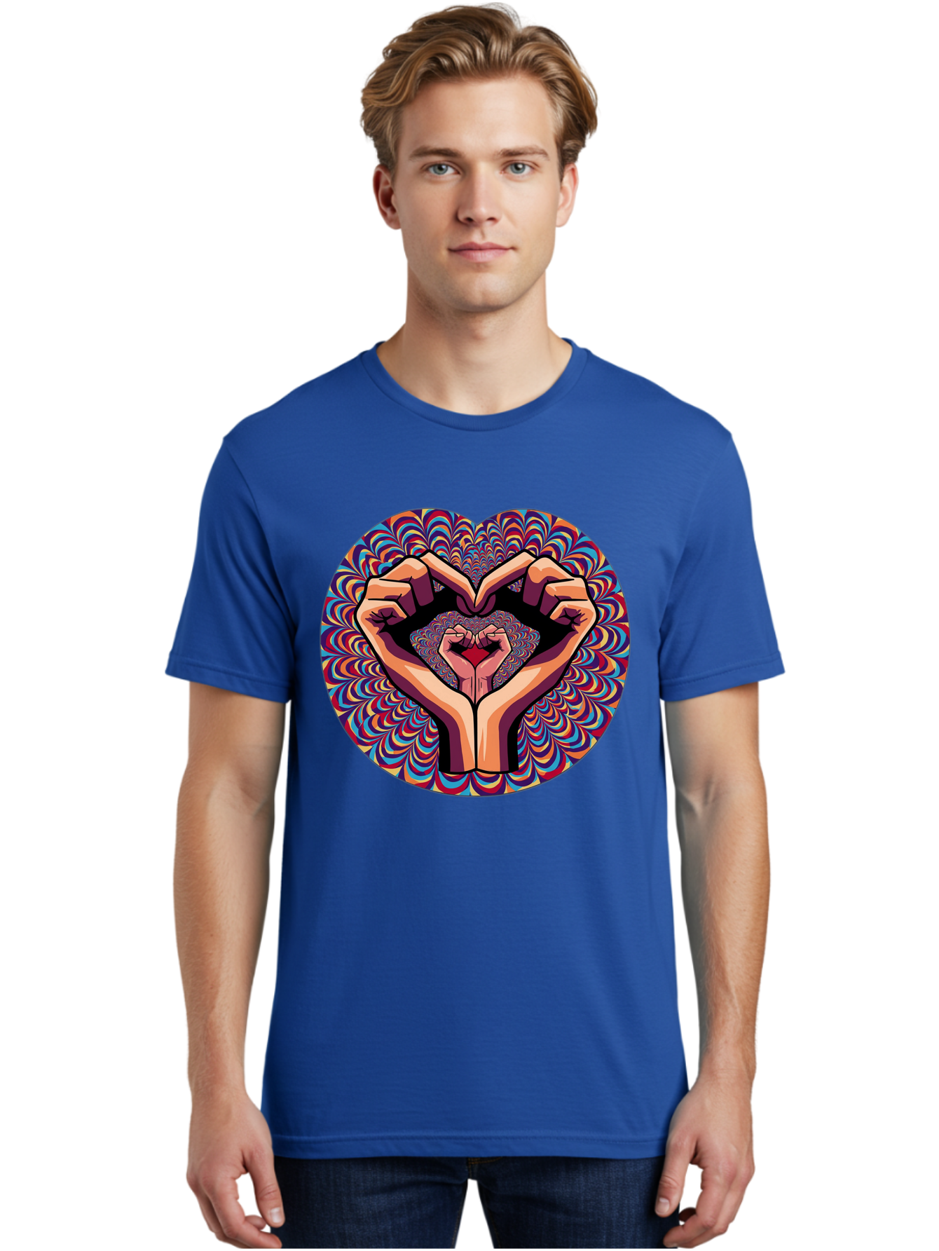 Hands-Forming-Heart-5 Men'S Graphic Tee, 100% Cotton, Comfortable Casual Summer Wear, Machine Washable, Hands Forming A Heart Shape, Psychedelic Art, Rainbow Colors, Vibrant Patterns, Love Symbol, Hand Gesture, Artistic Expression, Bac026