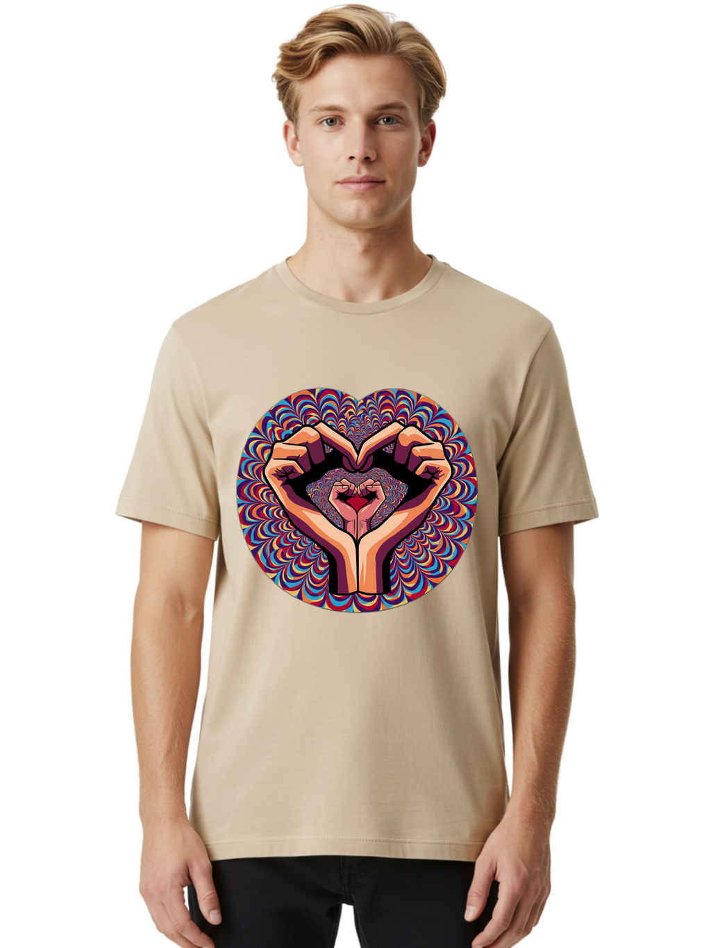 Hands-Forming-Heart-5 Men'S Graphic Tee, 100% Cotton, Comfortable Casual Summer Wear, Machine Washable, Hands Forming A Heart Shape, Psychedelic Art, Rainbow Colors, Vibrant Patterns, Love Symbol, Hand Gesture, Artistic Expression, Bac026