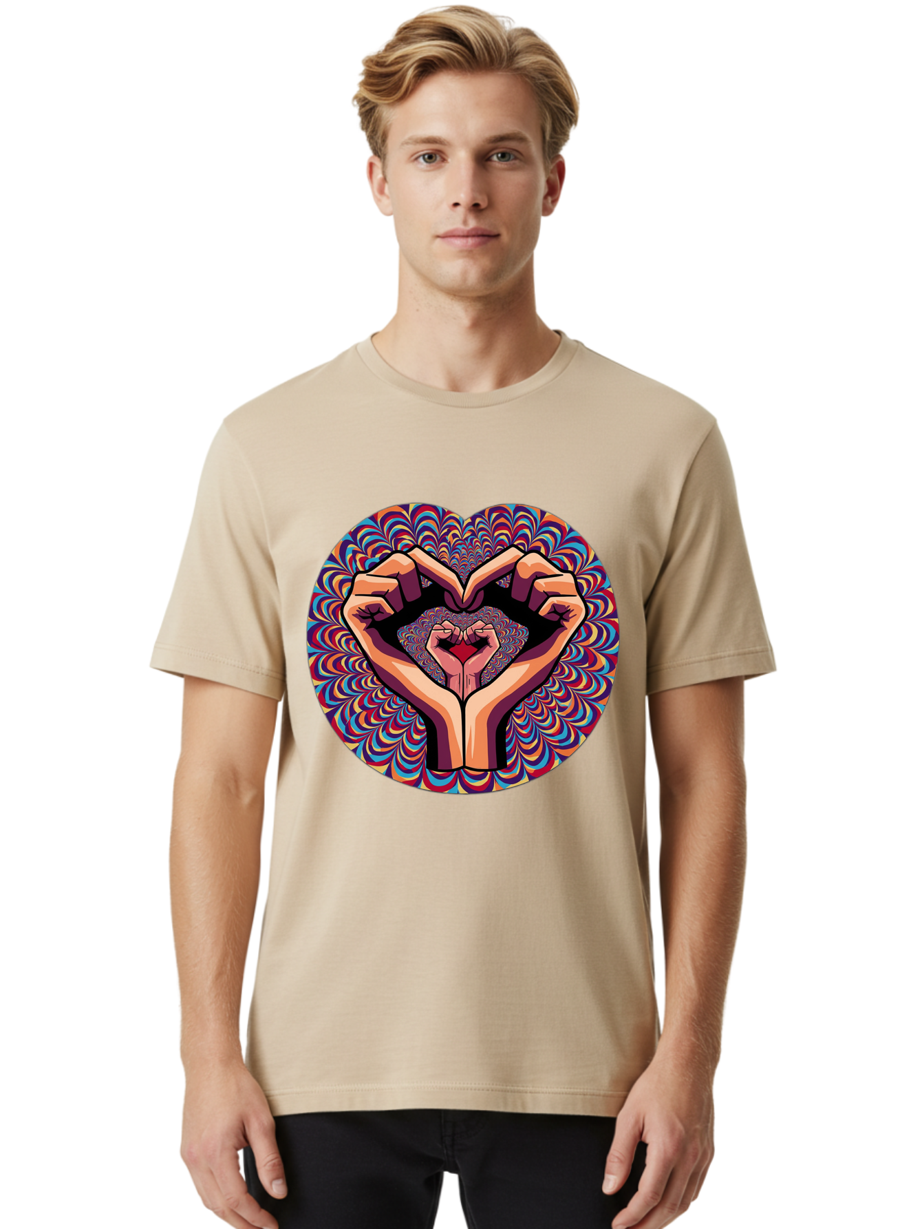 Hands-Forming-Heart-5 Men'S Graphic Tee, 100% Cotton, Comfortable Casual Summer Wear, Machine Washable, Hands Forming A Heart Shape, Psychedelic Art, Rainbow Colors, Vibrant Patterns, Love Symbol, Hand Gesture, Artistic Expression, Bac026