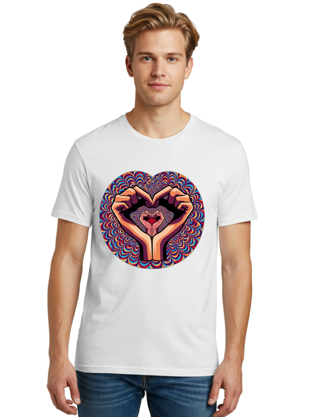 Hands-Forming-Heart-5 Men'S Graphic Tee, 100% Cotton, Comfortable Casual Summer Wear, Machine Washable, Hands Forming A Heart Shape, Psychedelic Art, Rainbow Colors, Vibrant Patterns, Love Symbol, Hand Gesture, Artistic Expression, Bac026
