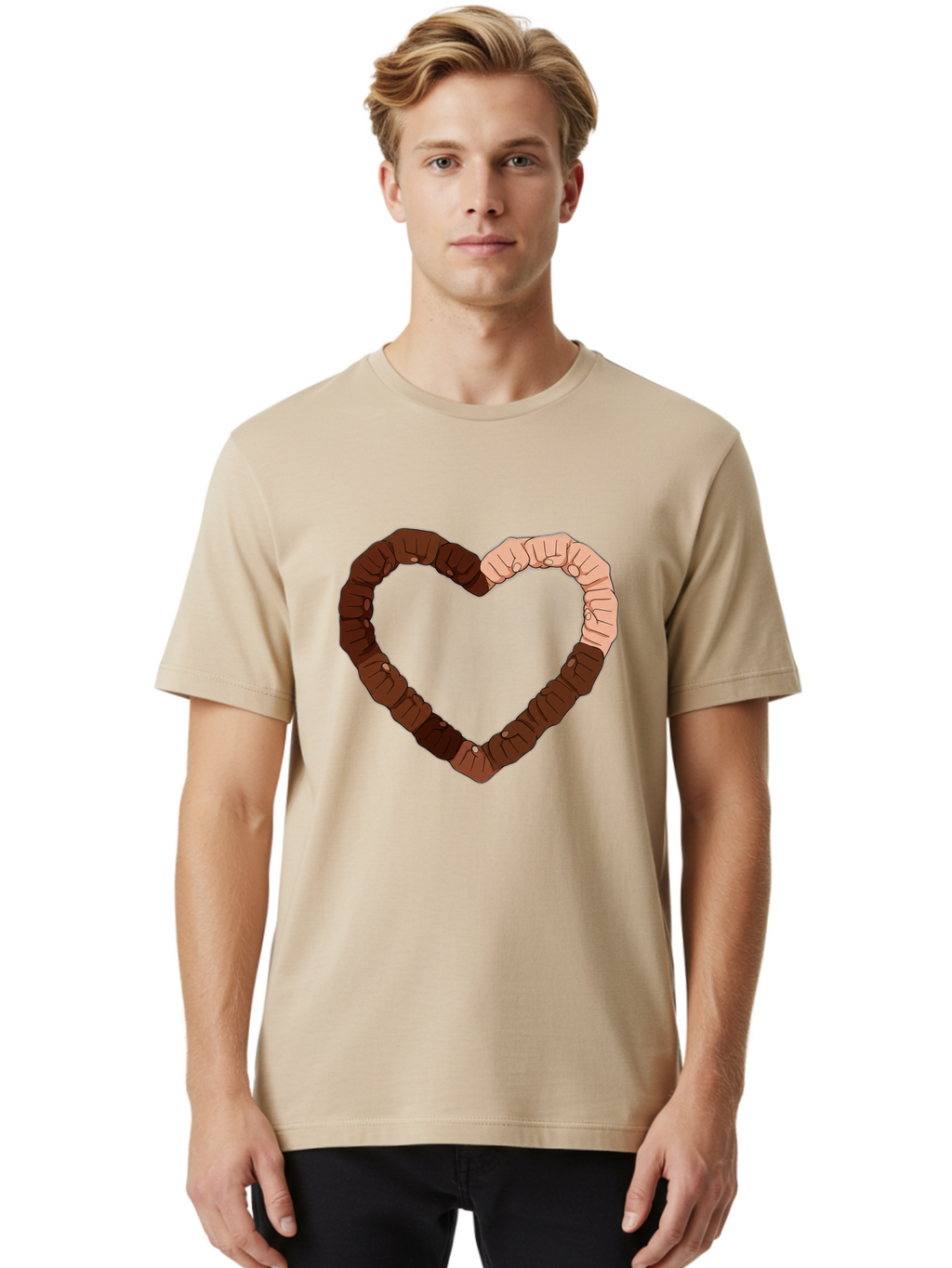 Hands-Forming-Heart Men'S Graphic Tee, 100% Cotton, Comfortable Casual Summer Wear, Machine Washable, Diverse Hands Forming Heart, Unity And Love Symbol, Multicultural Unity, Solidarity, Togetherness, Hand Holding Illustration, Bac027