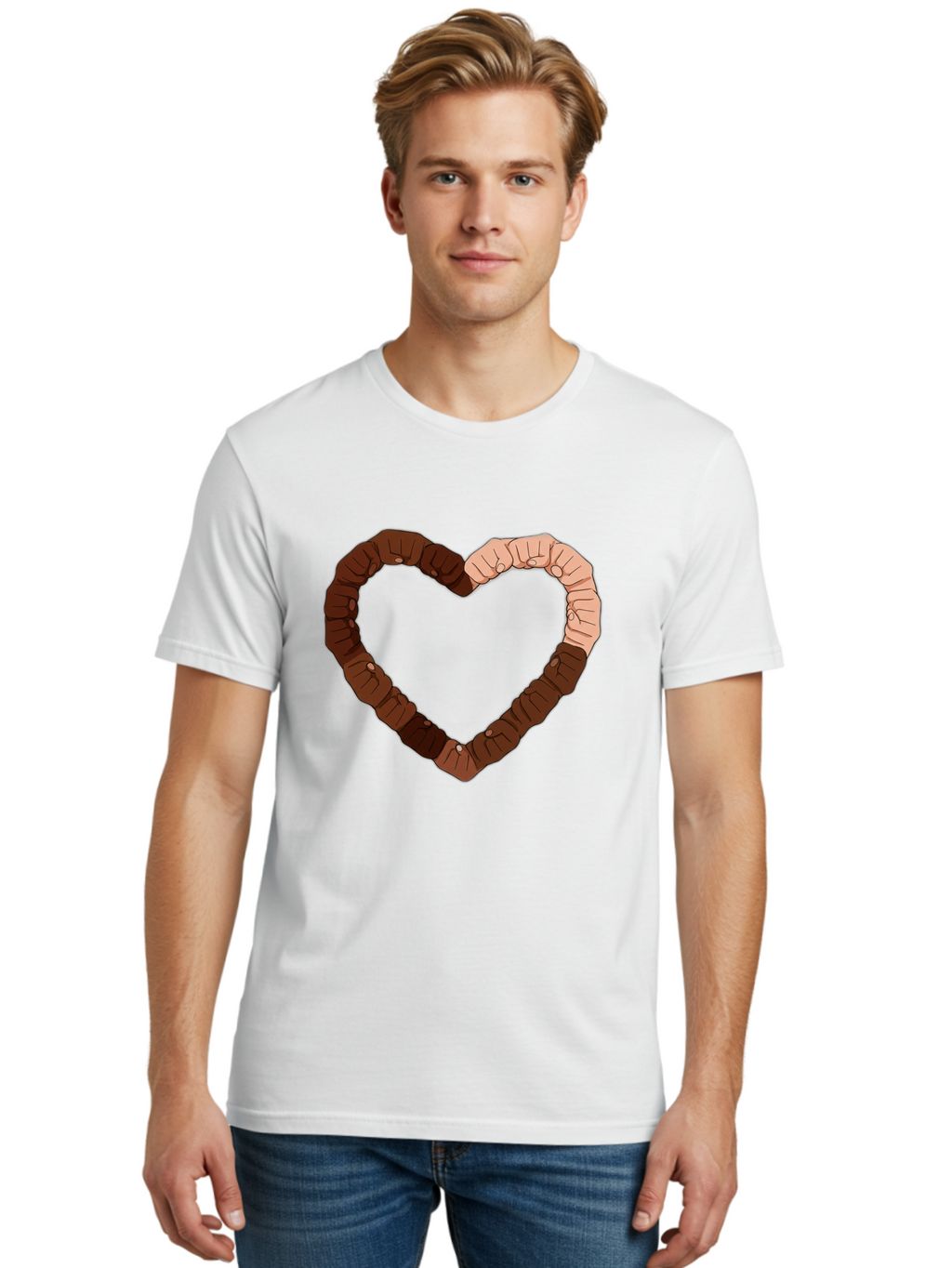 Hands-Forming-Heart Men'S Graphic Tee, 100% Cotton, Comfortable Casual Summer Wear, Machine Washable, Diverse Hands Forming Heart, Unity And Love Symbol, Multicultural Unity, Solidarity, Togetherness, Hand Holding Illustration, Bac027
