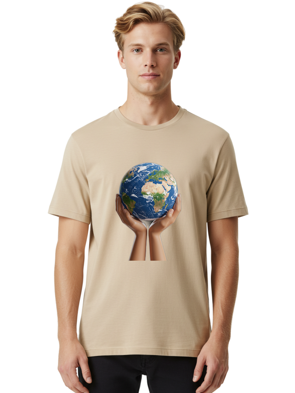 Hands-Holding-Earth Men'S Graphic Tee, 100% Cotton, Comfortable Casual Summer Wear, Machine Washable, Hands Holding The Earth, Global Unity, Environmental Conservation, World Peace, Earth'S Beauty, Human Connection, Global Citizenship, Bac028