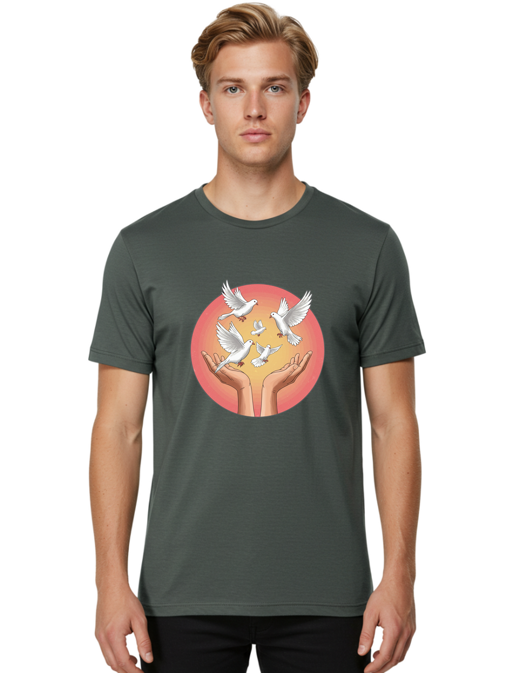 Hands-Releasing-Doves Men'S Graphic Tee, 100% Cotton, Comfortable Casual Summer Wear, Machine Washable, Doves Flying Away, Hands Releasing Birds, White Doves, Peaceful Release, Liberation, Freedom, Gentle Hands, Peaceful Atmosphere, Bac030