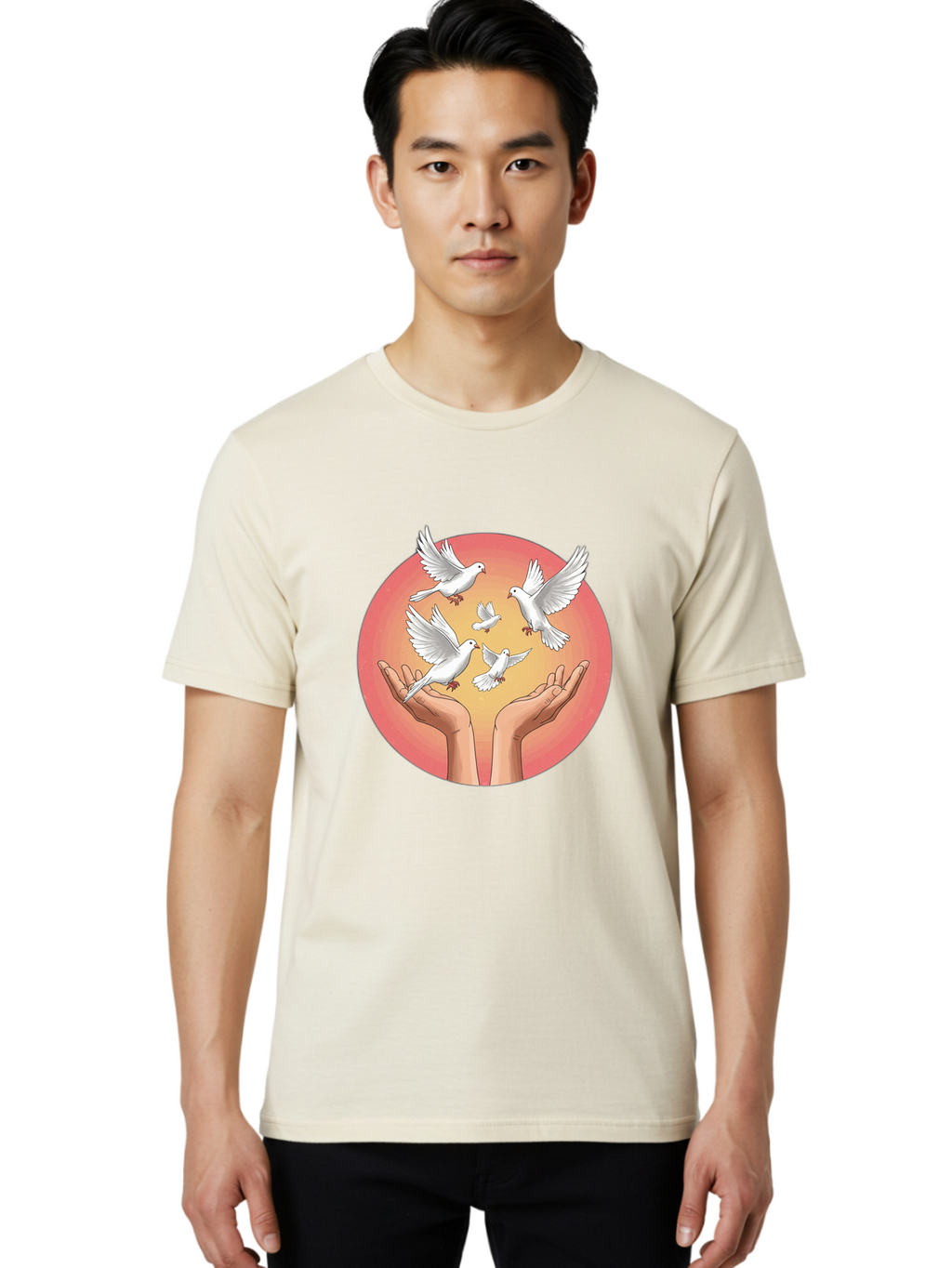 Hands-Releasing-Doves Men'S Graphic Tee, 100% Cotton, Comfortable Casual Summer Wear, Machine Washable, Doves Flying Away, Hands Releasing Birds, White Doves, Peaceful Release, Liberation, Freedom, Gentle Hands, Peaceful Atmosphere, Bac030