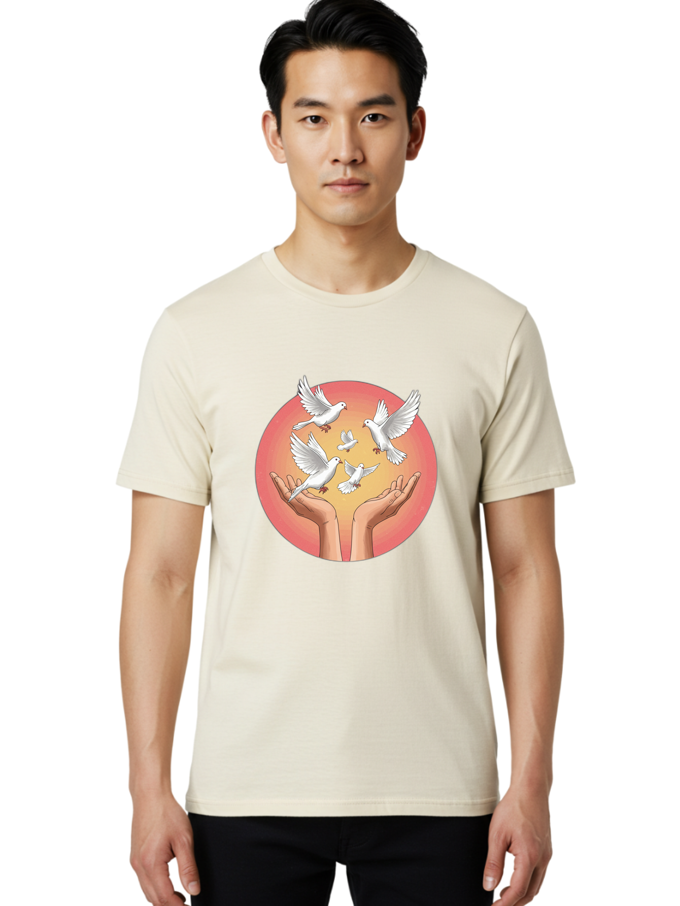 Hands-Releasing-Doves Men'S Graphic Tee, 100% Cotton, Comfortable Casual Summer Wear, Machine Washable, Doves Flying Away, Hands Releasing Birds, White Doves, Peaceful Release, Liberation, Freedom, Gentle Hands, Peaceful Atmosphere, Bac030