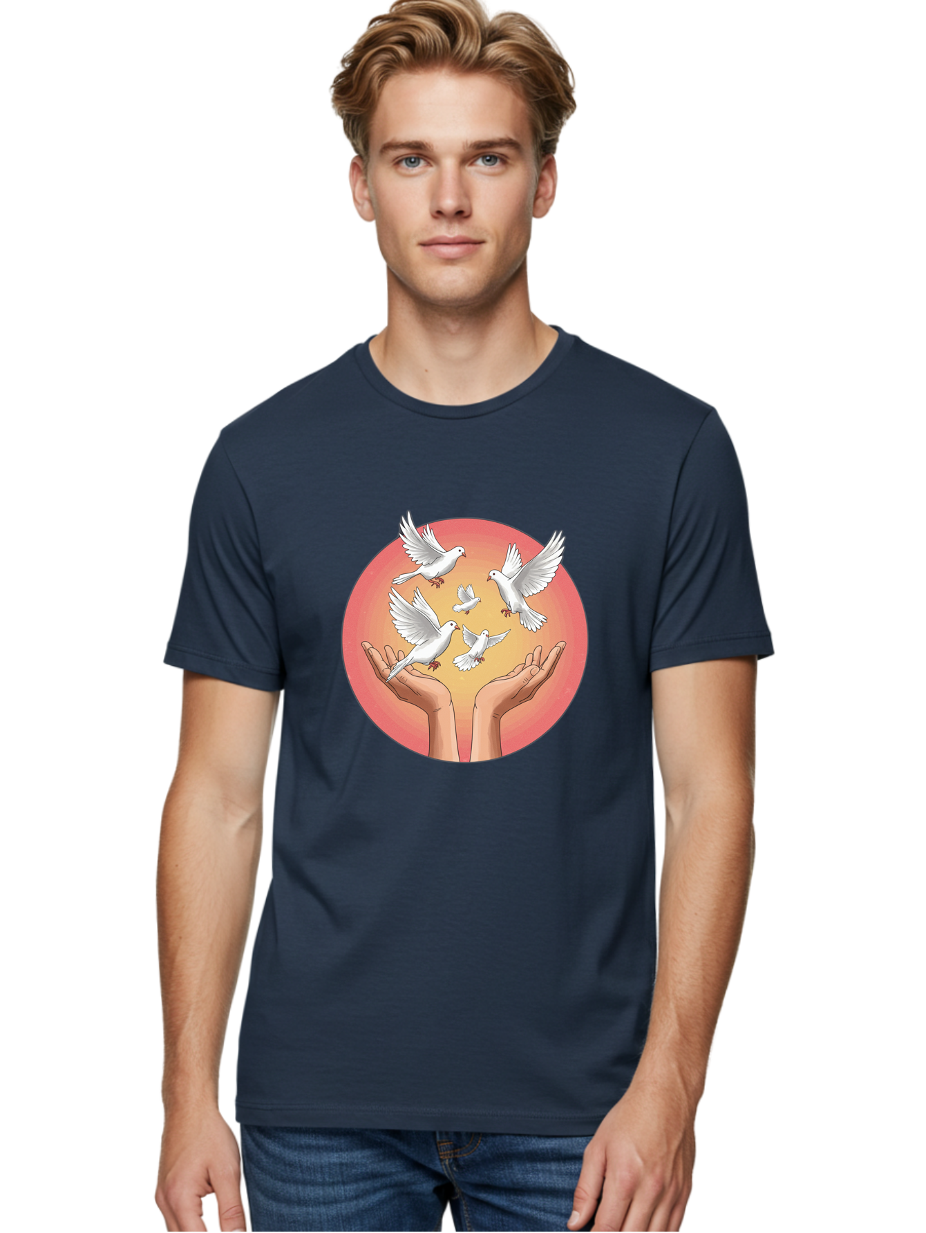 Hands-Releasing-Doves Men'S Graphic Tee, 100% Cotton, Comfortable Casual Summer Wear, Machine Washable, Doves Flying Away, Hands Releasing Birds, White Doves, Peaceful Release, Liberation, Freedom, Gentle Hands, Peaceful Atmosphere, Bac030