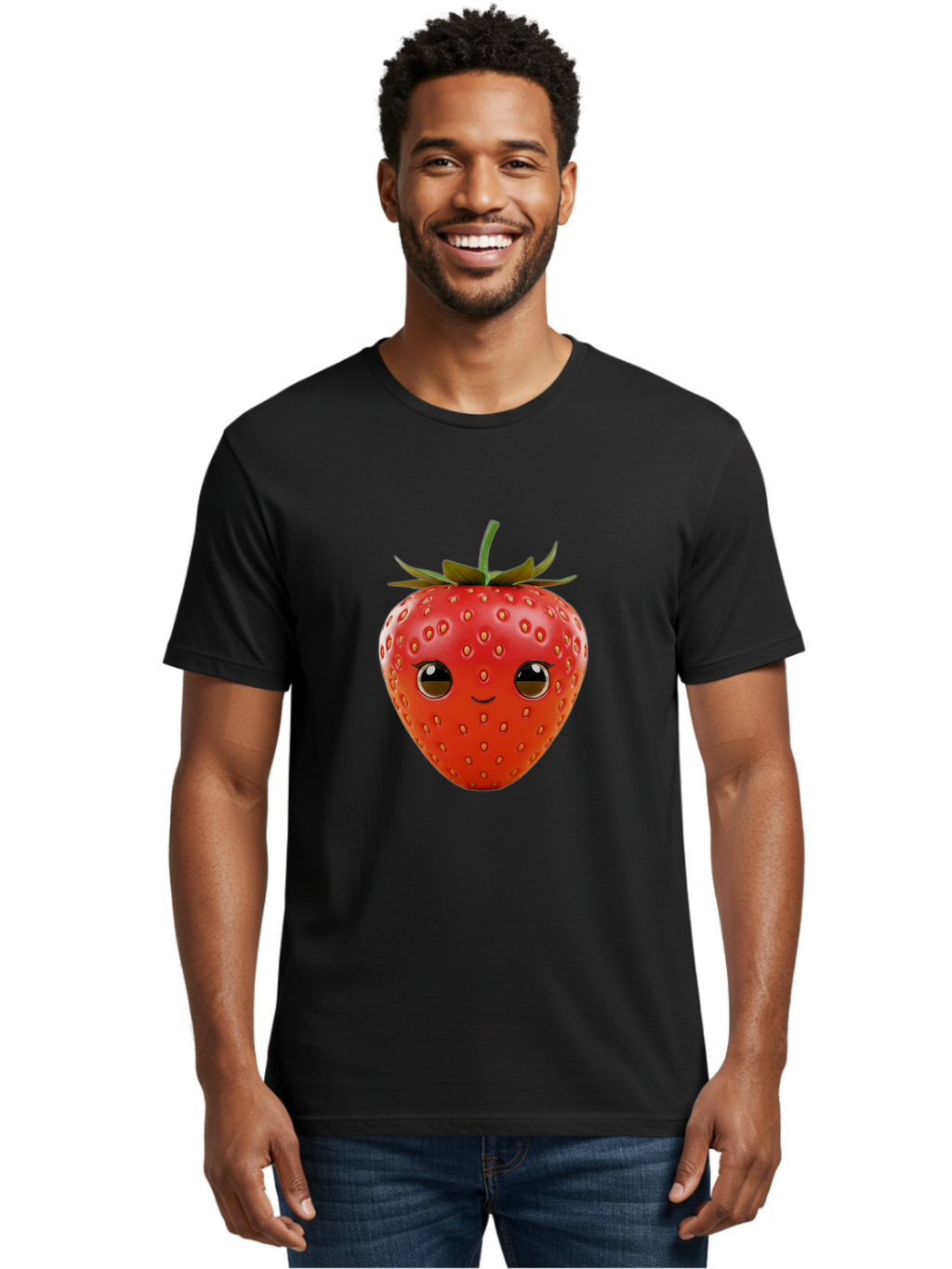 Happy-Strawberry-1 Men'S Graphic Tee, 100% Cotton, Comfortable Casual Summer Wear, Machine Washable, Cartoon Strawberry, Adorable Fruit, Smiling Face, Cute Character, Vibrant Red Color, Yellow Seeds, Playful Personality, Funny Expression, Bac032