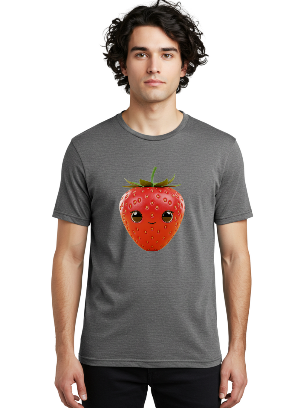 Happy-Strawberry-1 Men'S Graphic Tee, 100% Cotton, Comfortable Casual Summer Wear, Machine Washable, Cartoon Strawberry, Adorable Fruit, Smiling Face, Cute Character, Vibrant Red Color, Yellow Seeds, Playful Personality, Funny Expression, Bac032